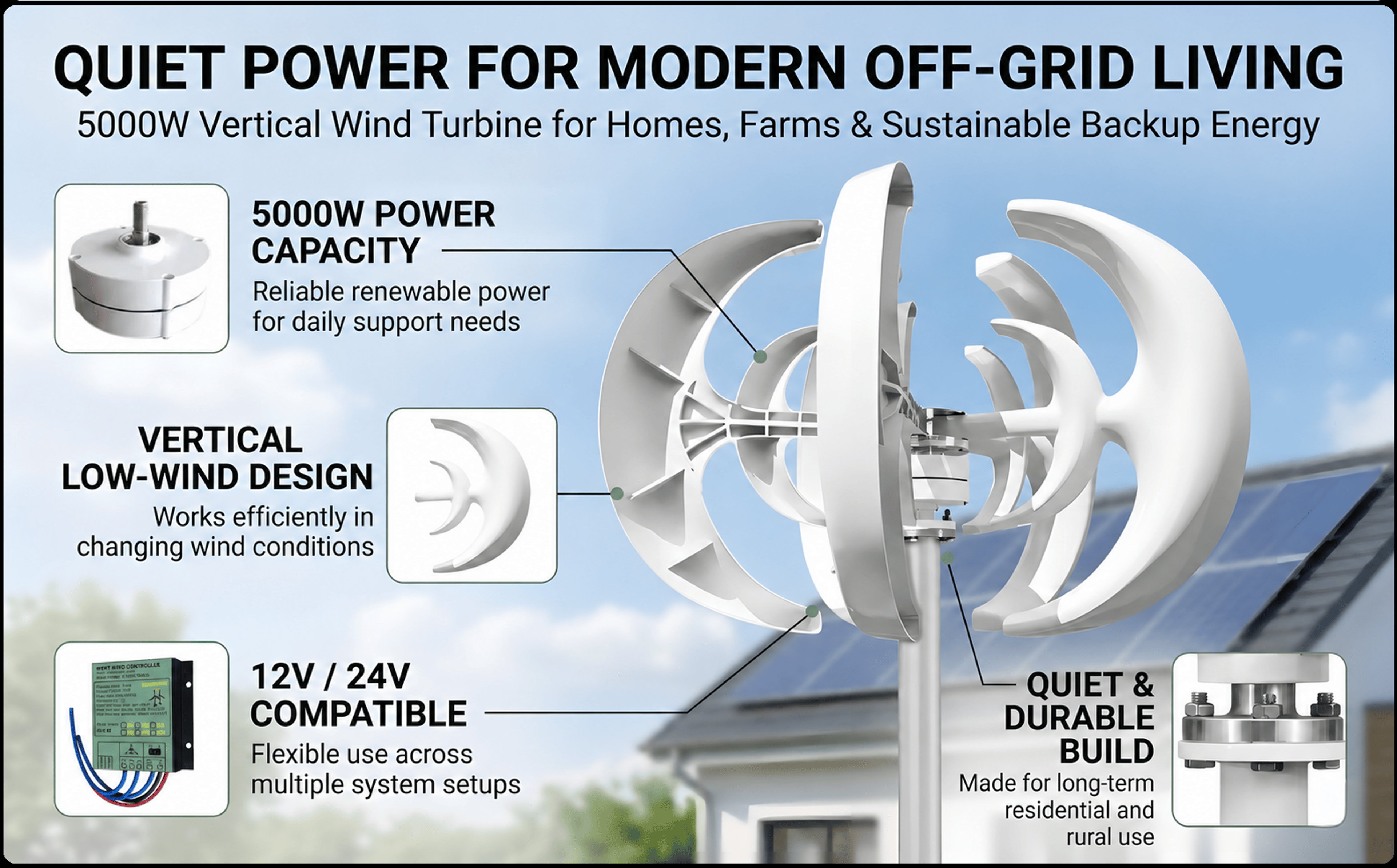 5000W Vertical Wind Turbine Generator – 12V/24V Small Windmill for Home, Farm & Off-Grid Energy with MPPT Controller – view 16