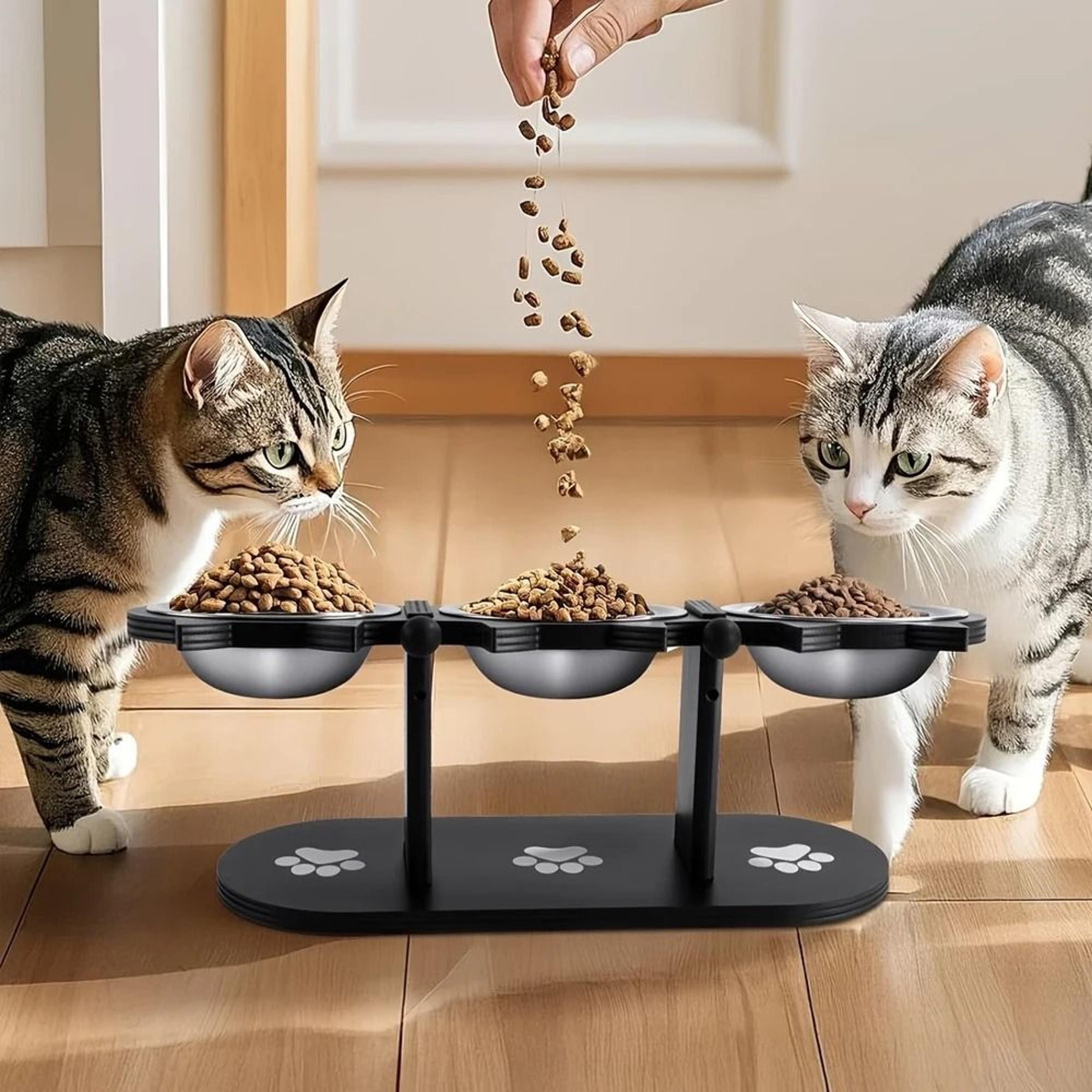 Elevated 3 Bowl Cat Feeding Station With Solid Wood Stand  Stainless Steel Bowls 1