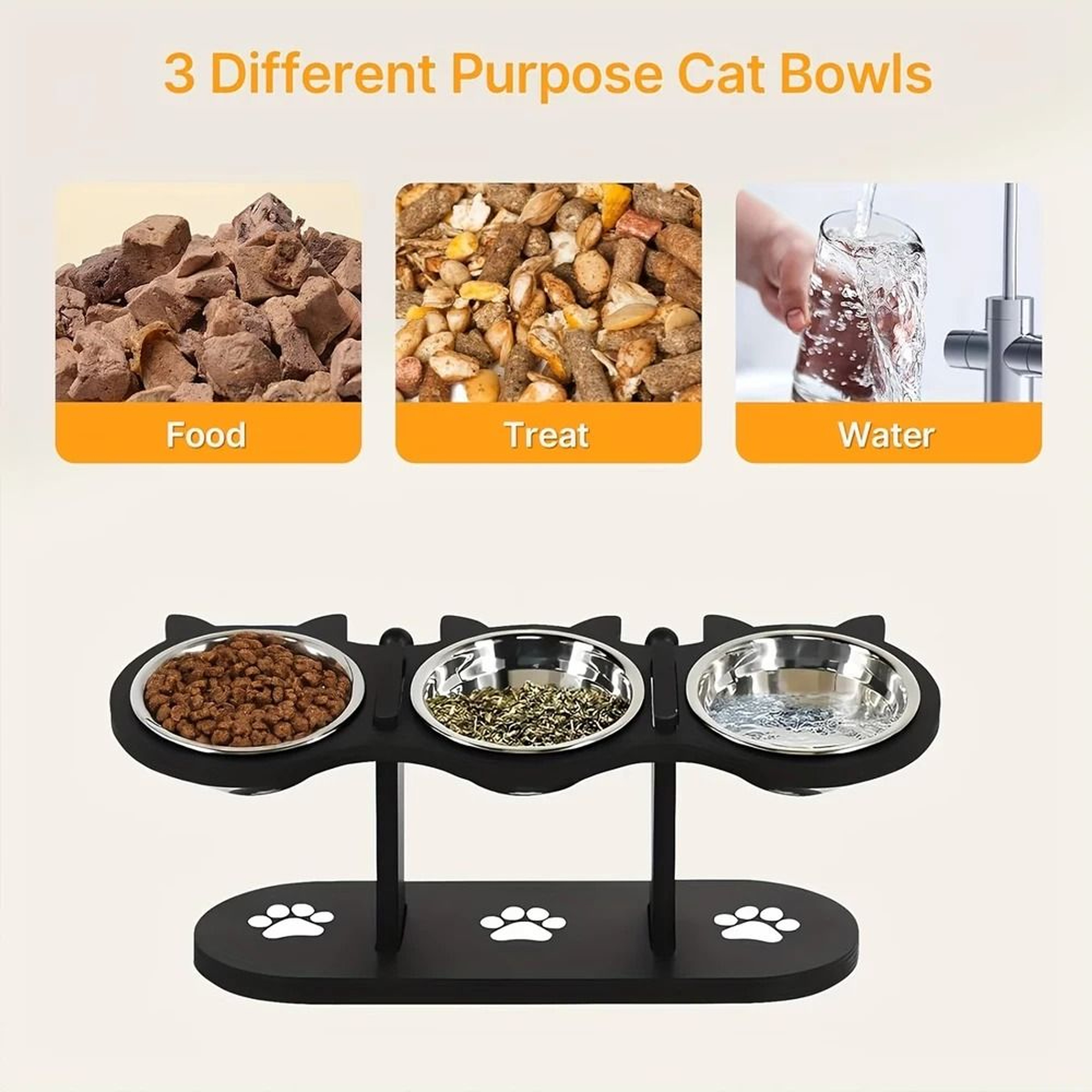 Elevated 3 Bowl Cat Feeding Station With Solid Wood Stand  Stainless Steel Bowls 2