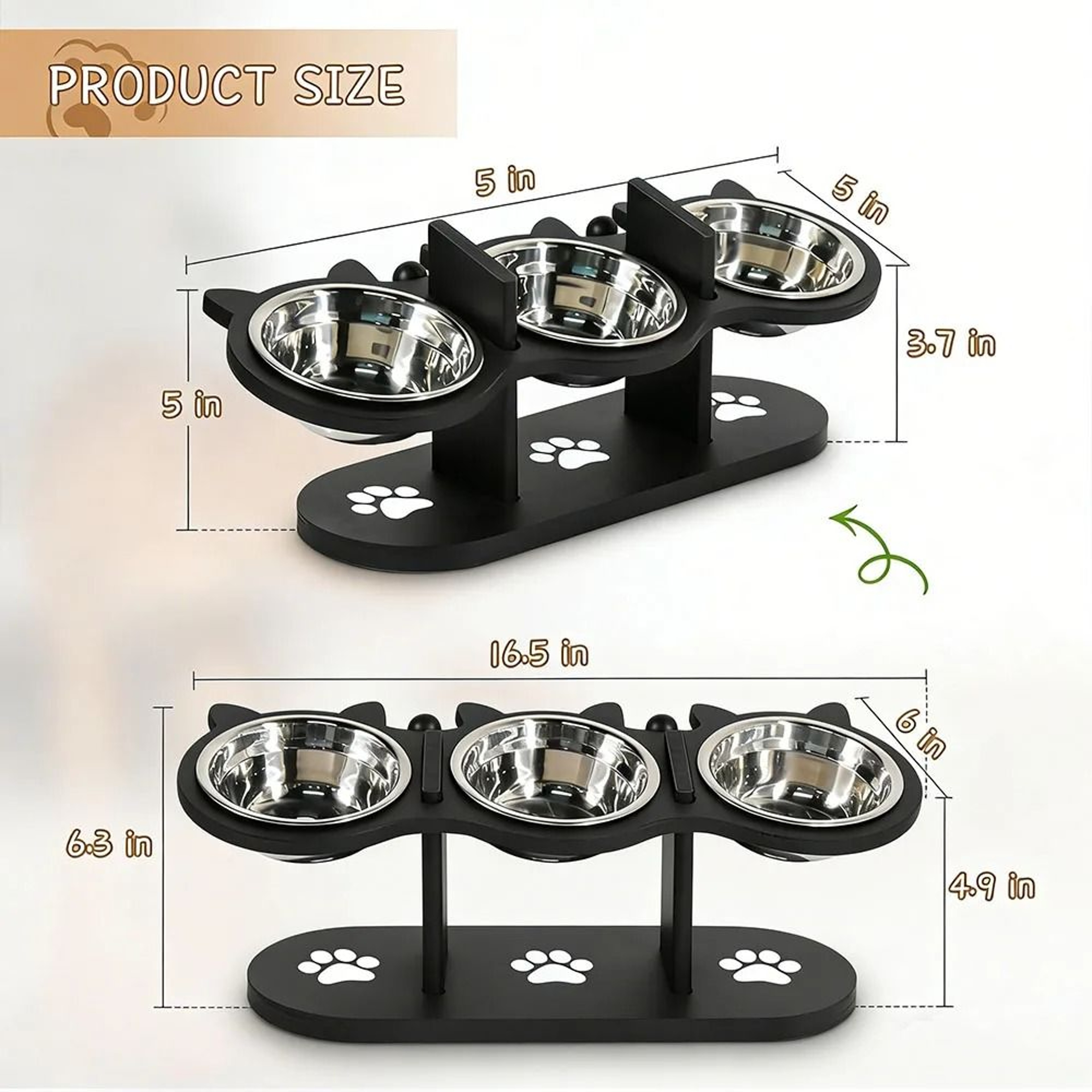 Elevated 3 Bowl Cat Feeding Station With Solid Wood Stand  Stainless Steel Bowls 3
