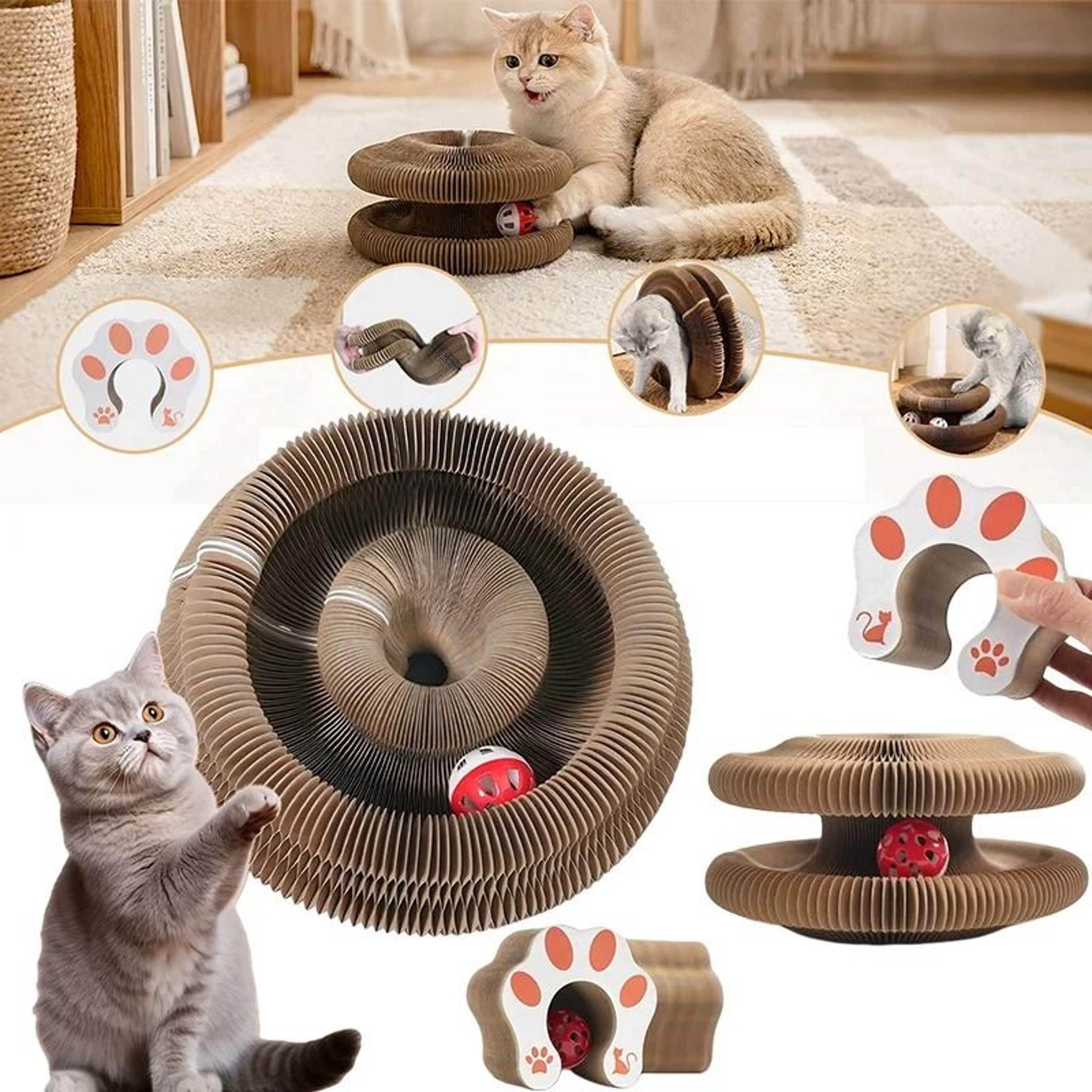 Interactive Accordion Cat Scratcher With Ball Track  Foldable Shape Shifting Cardboard Cat Toy 2