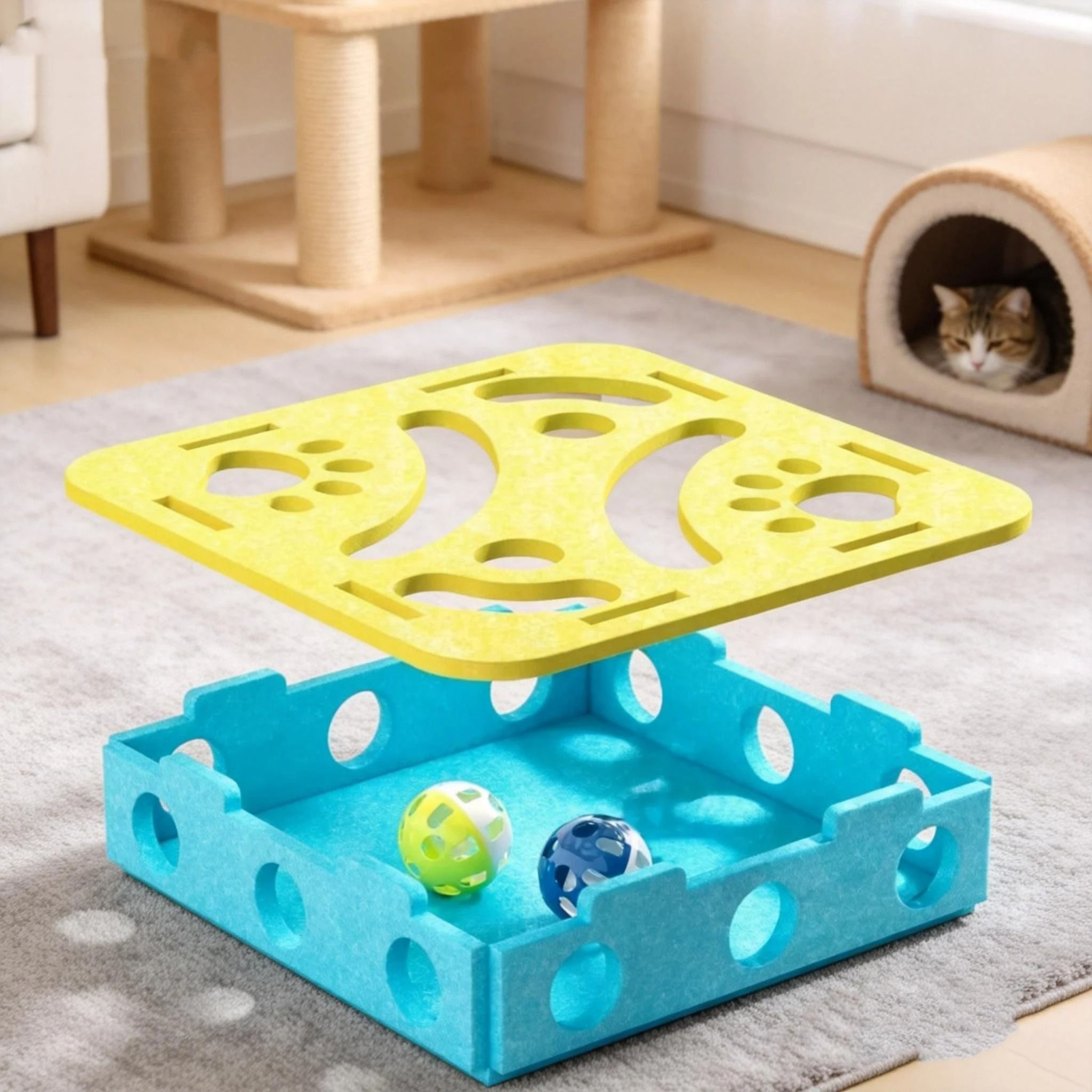 Interactive Felt Cat Puzzle Tunnel Box With Bell Ball Hunting Toy 5