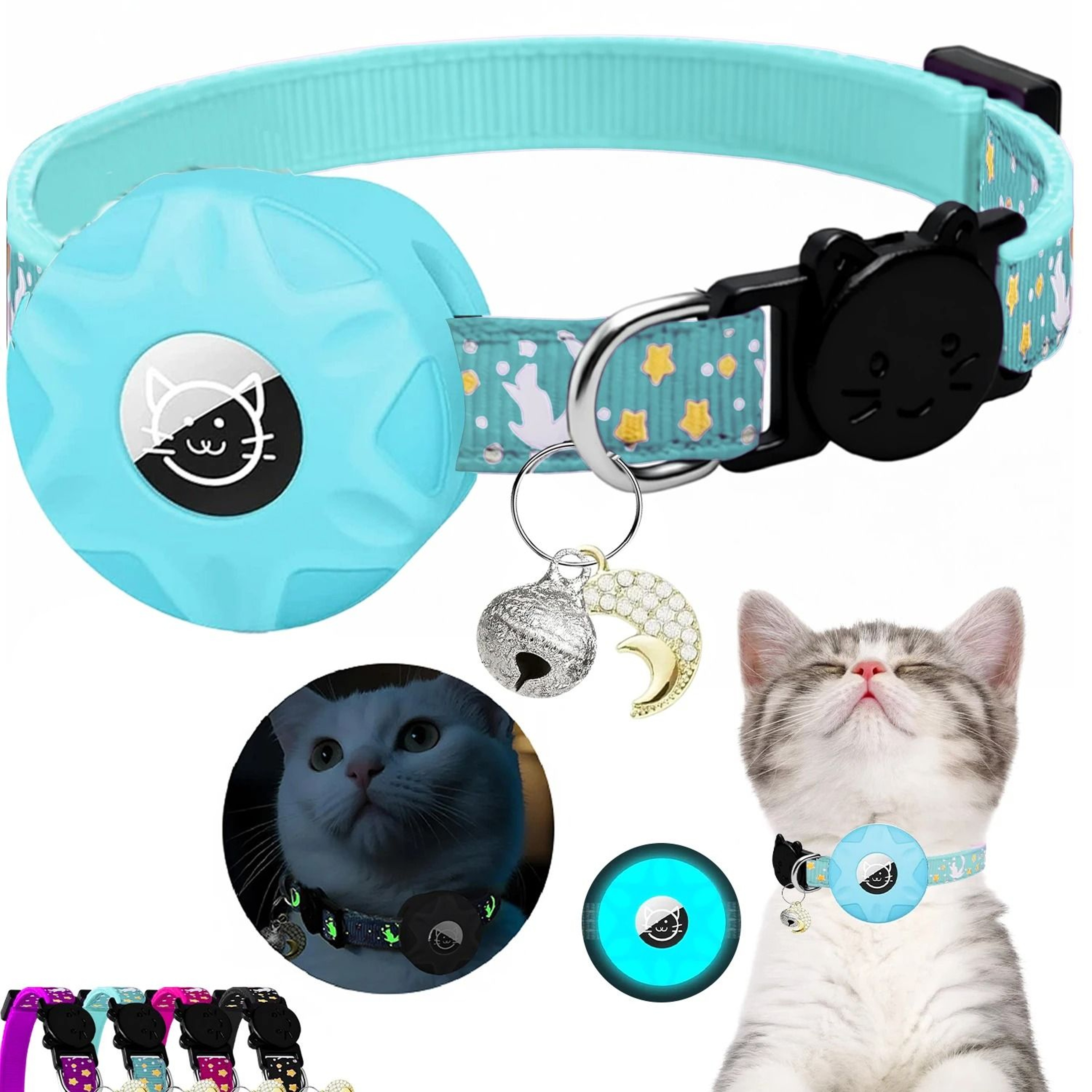 GlowintheDark AirTag Cat Collar With Moon Charm  Breakaway Safety Buckle 0