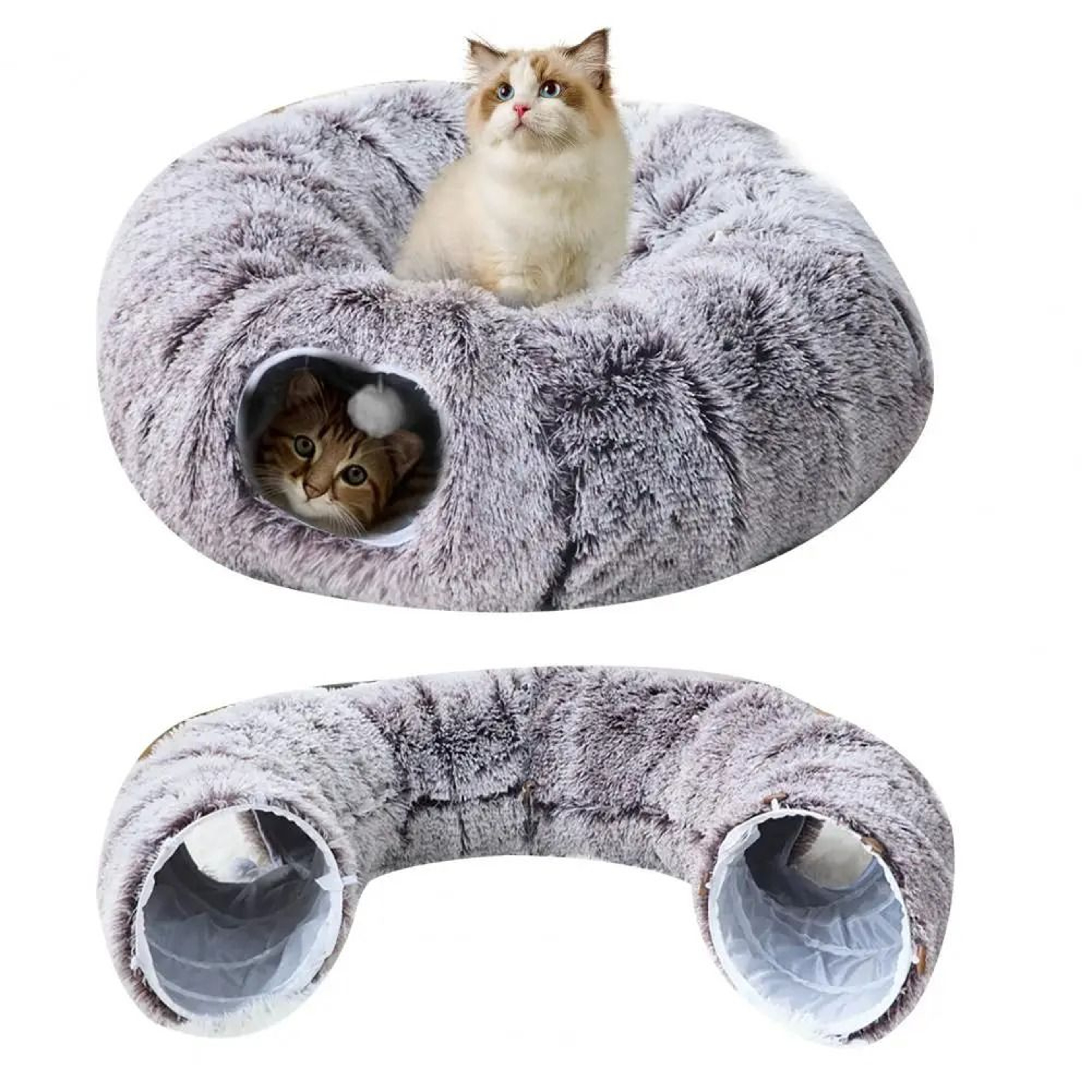 CozyTunnel Plush Donut Cat Tunnel Bed With Peekaboo Play Cave  Hanging Balls 0