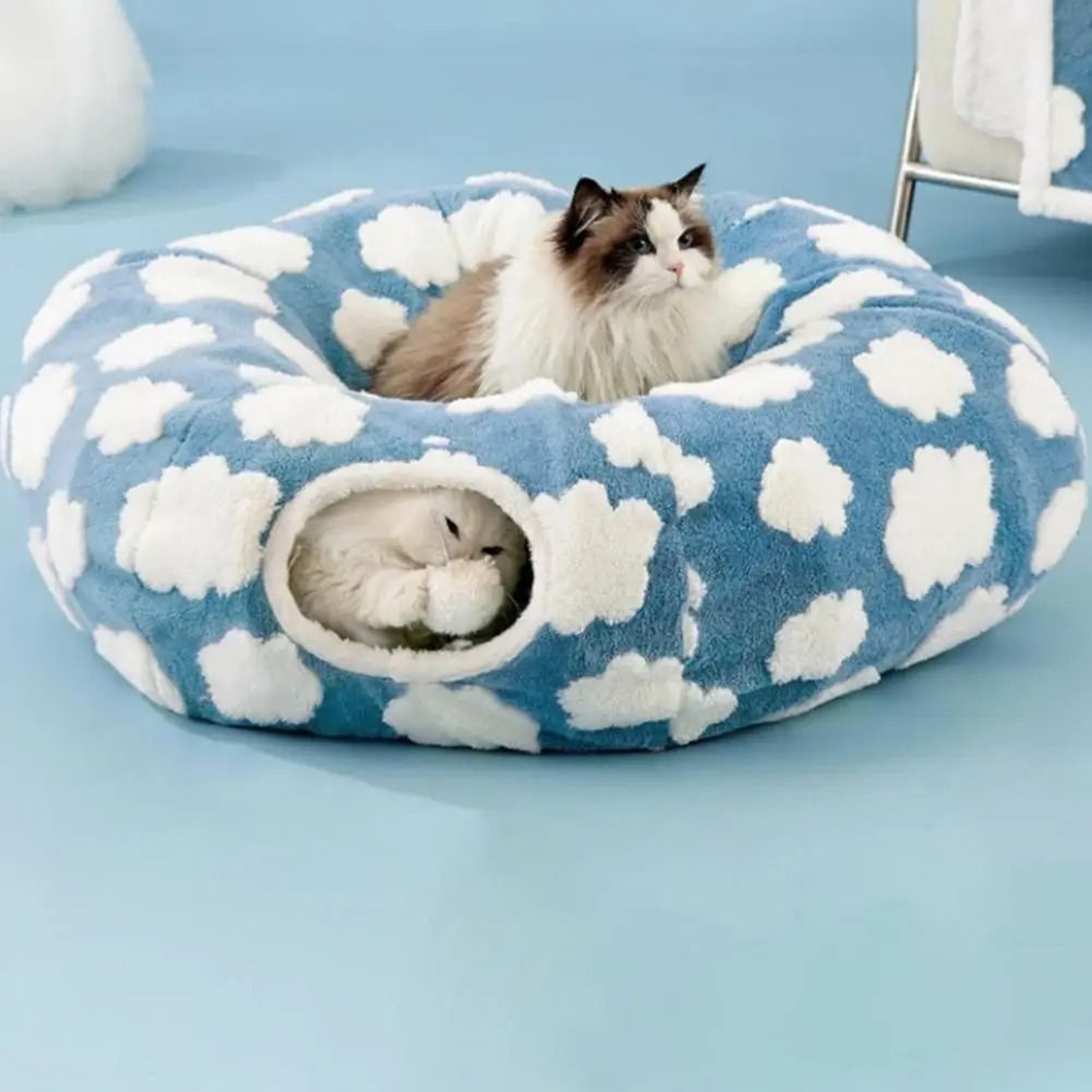 CozyTunnel Plush Donut Cat Tunnel Bed With Peekaboo Play Cave  Hanging Balls 3
