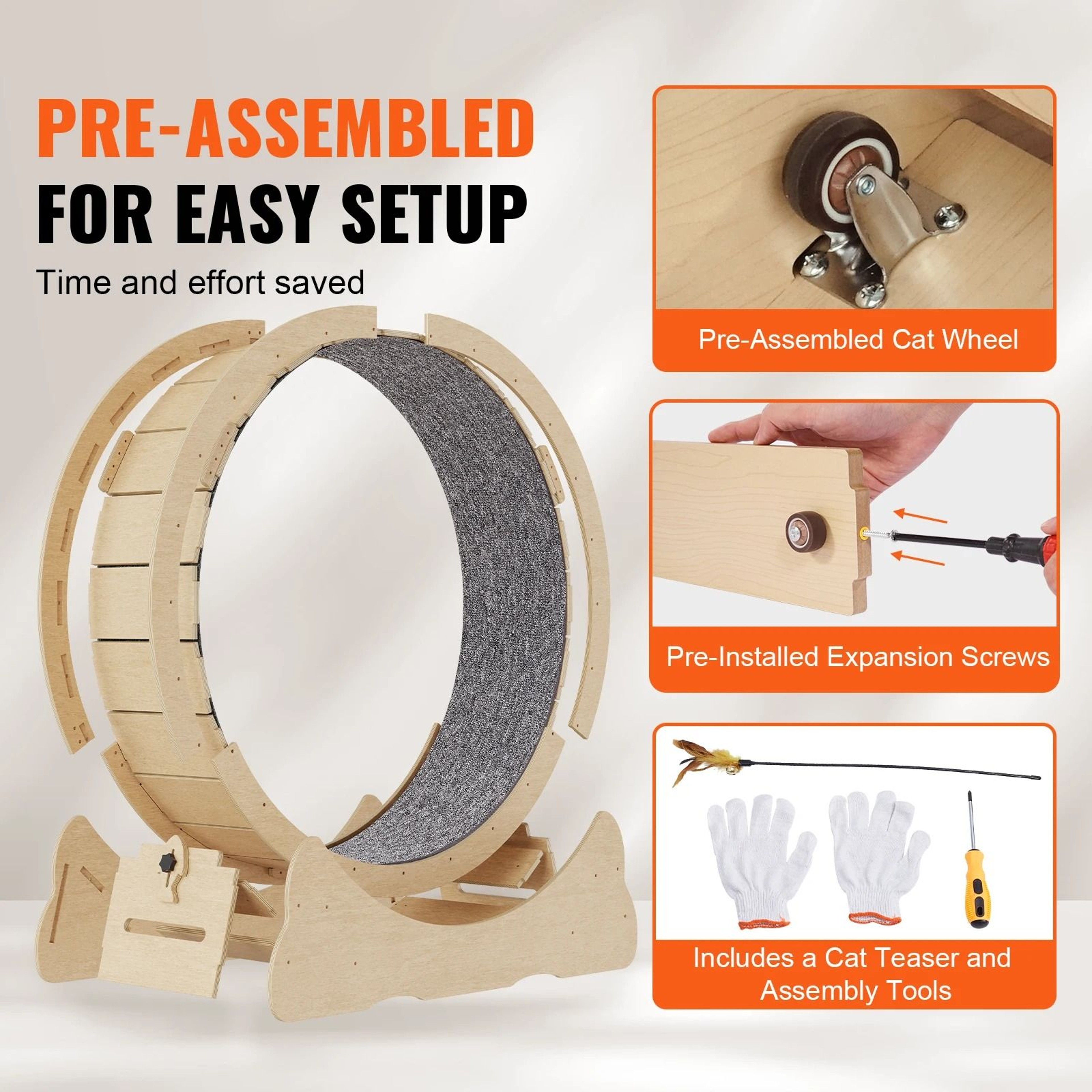 ActivePaws Wooden Cat Exercise Wheel Indoor Cat Treadmill With Detachable Carpet  Cat Teaser 3