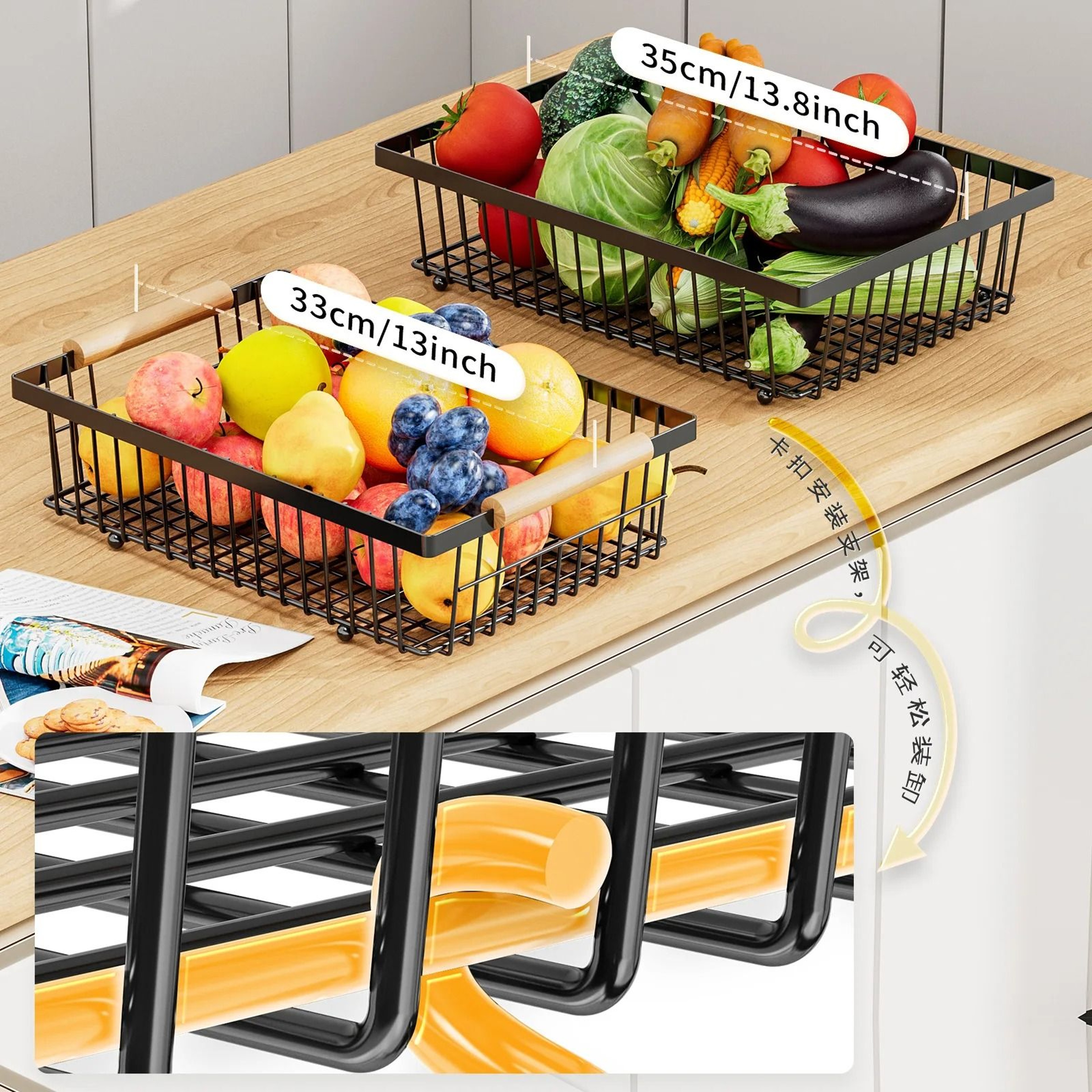 HarvestNest 2Tier Fruit  Vegetable Storage Rack  Detachable Wooden Handle Kitchen Organizer 3