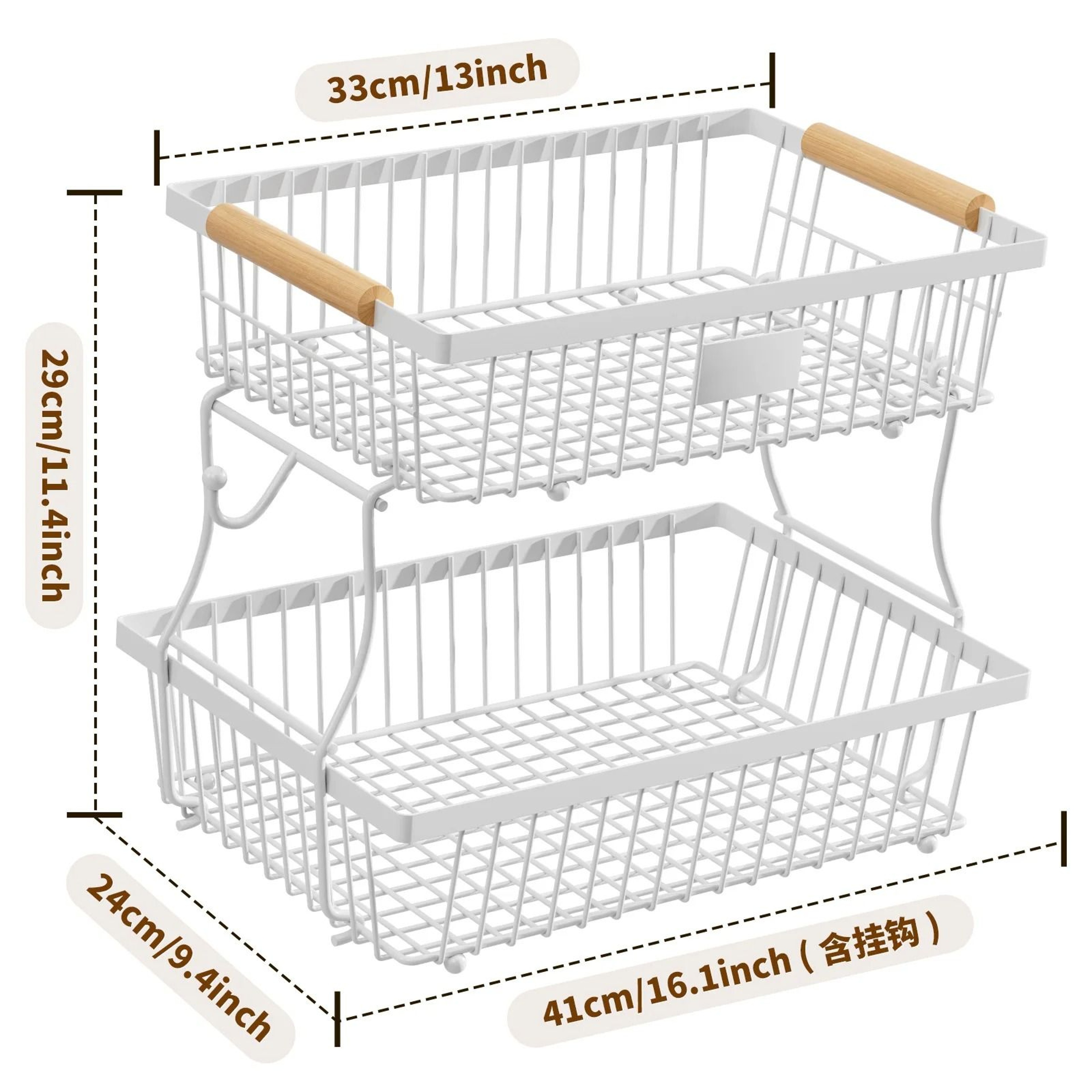 HarvestNest 2Tier Fruit  Vegetable Storage Rack  Detachable Wooden Handle Kitchen Organizer 6