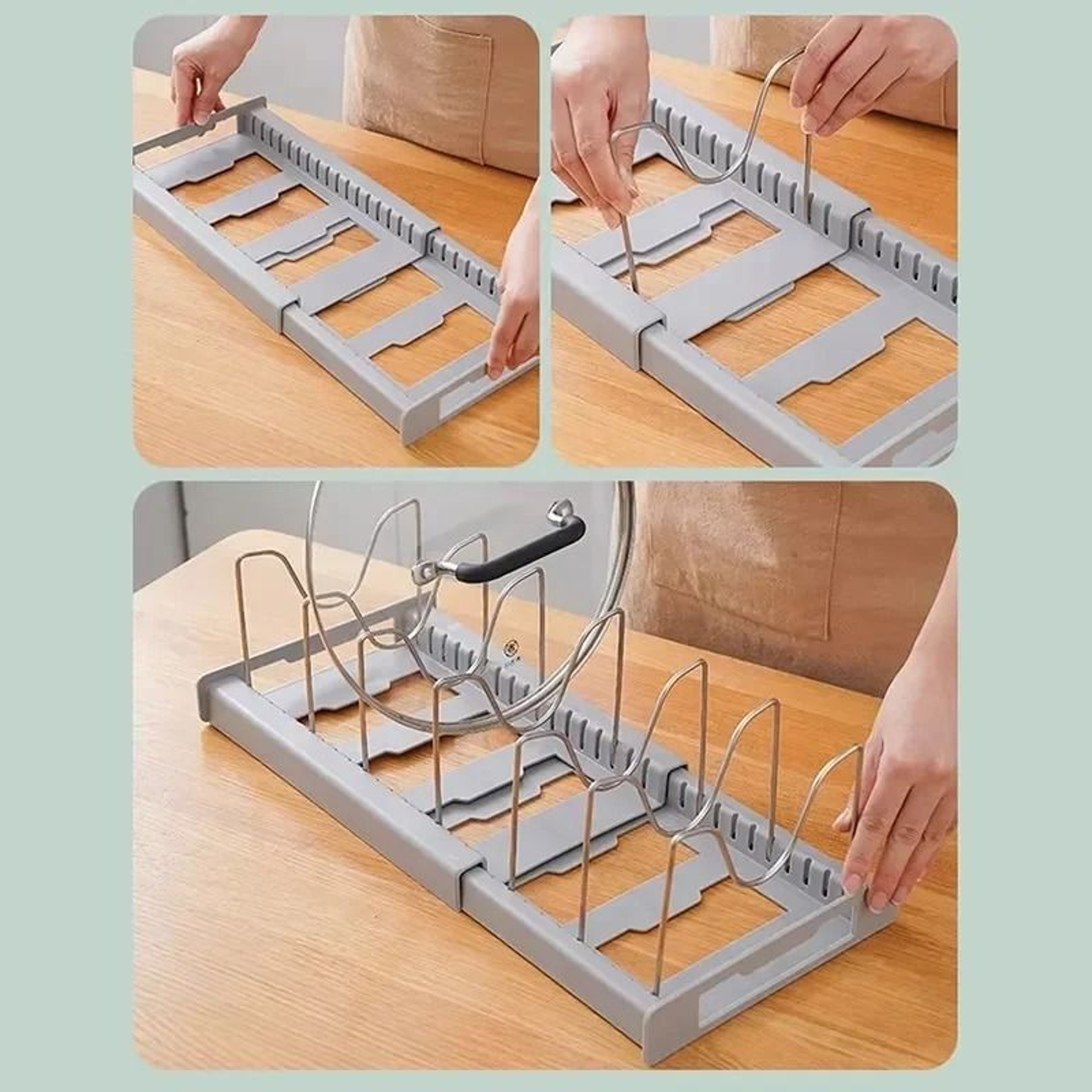 Expandable Pan Organizer Rack  Adjustable Pot Lid  Cookware Storage Holder With 7 Compartments 2