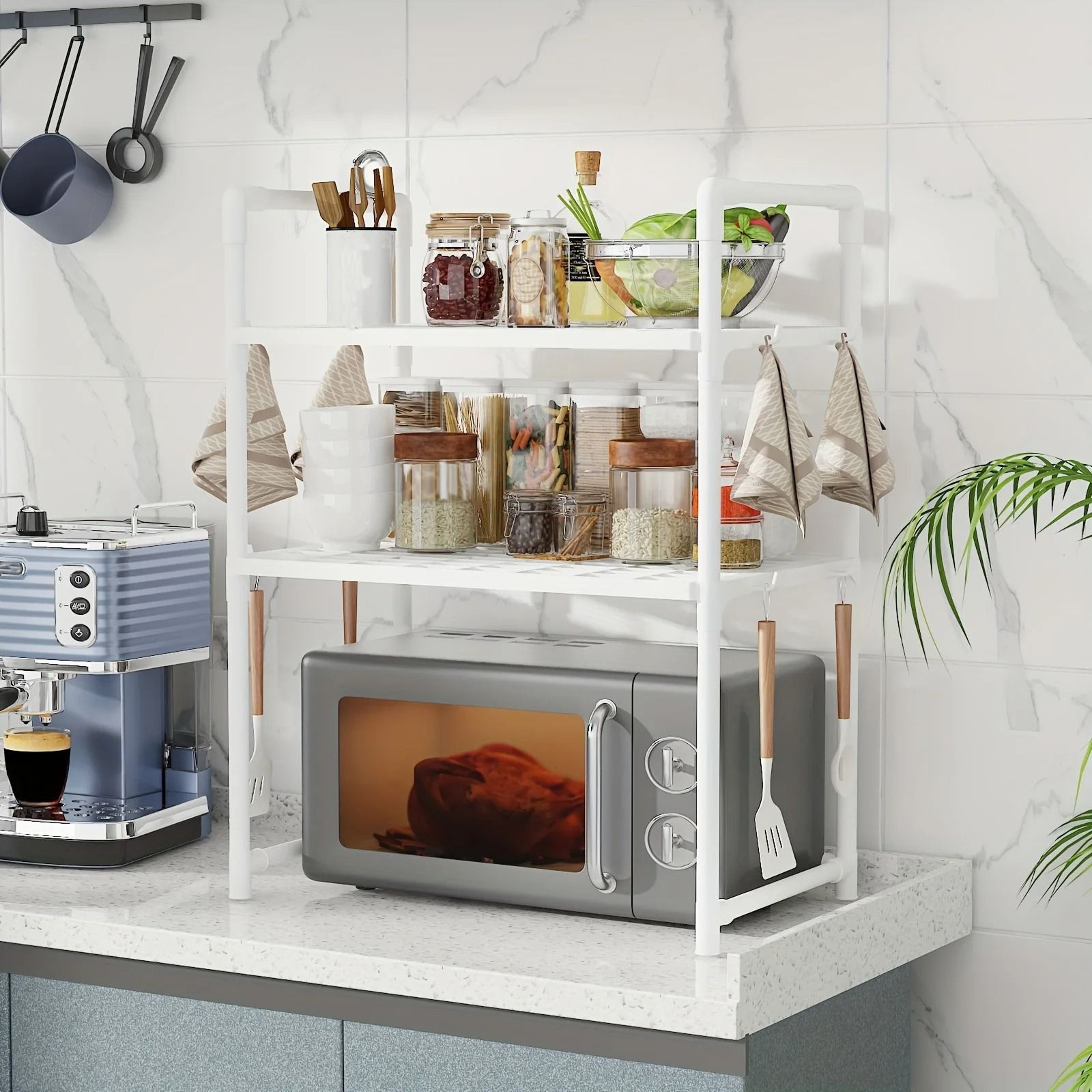 HeavyDuty Expandable Microwave Storage Rack  Adjustable Kitchen Counter Organizer With Shelves Hook 2