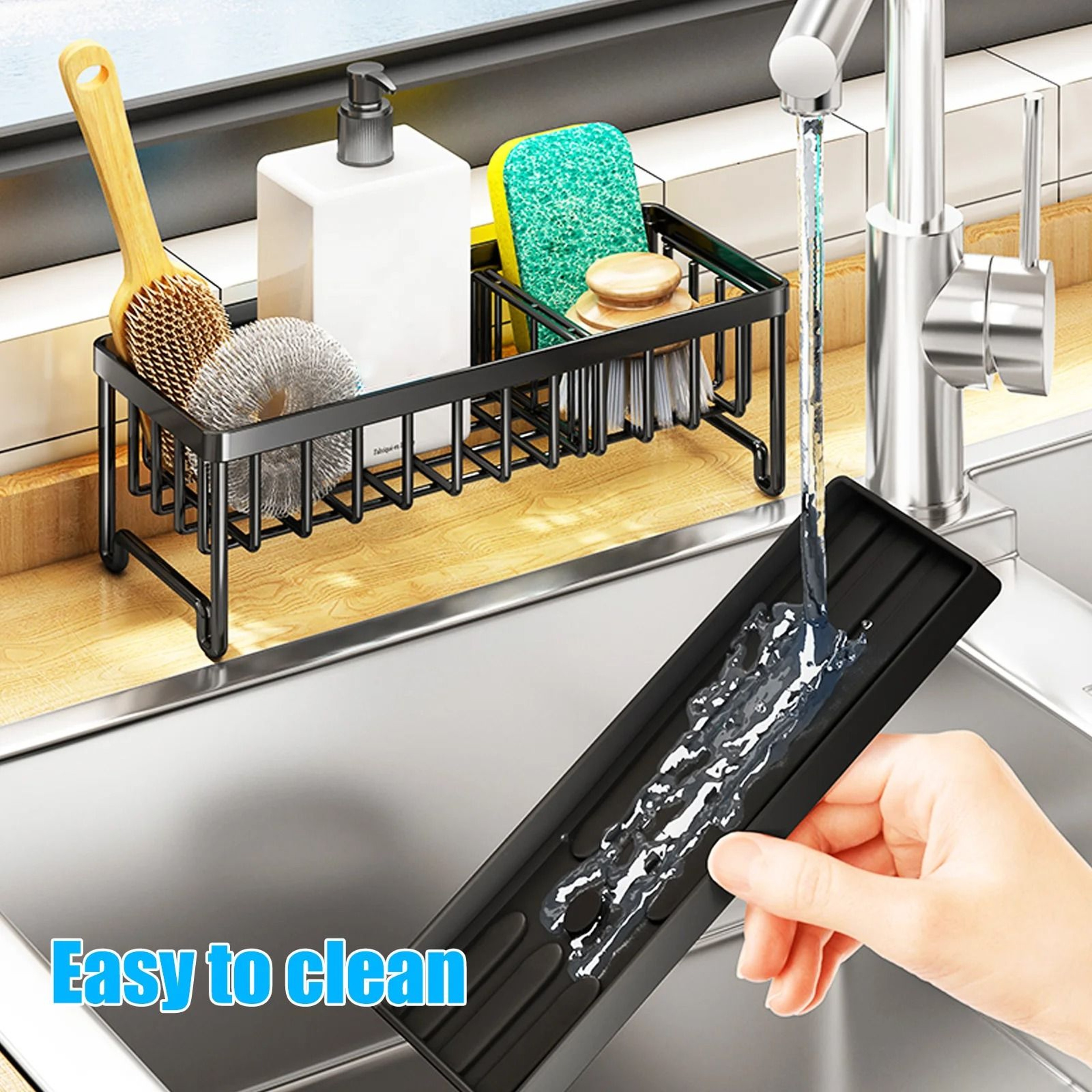 304 Stainless Steel Kitchen Sink Caddy Organizer With Sponge Holder Soap Rack And Brush Storage 3