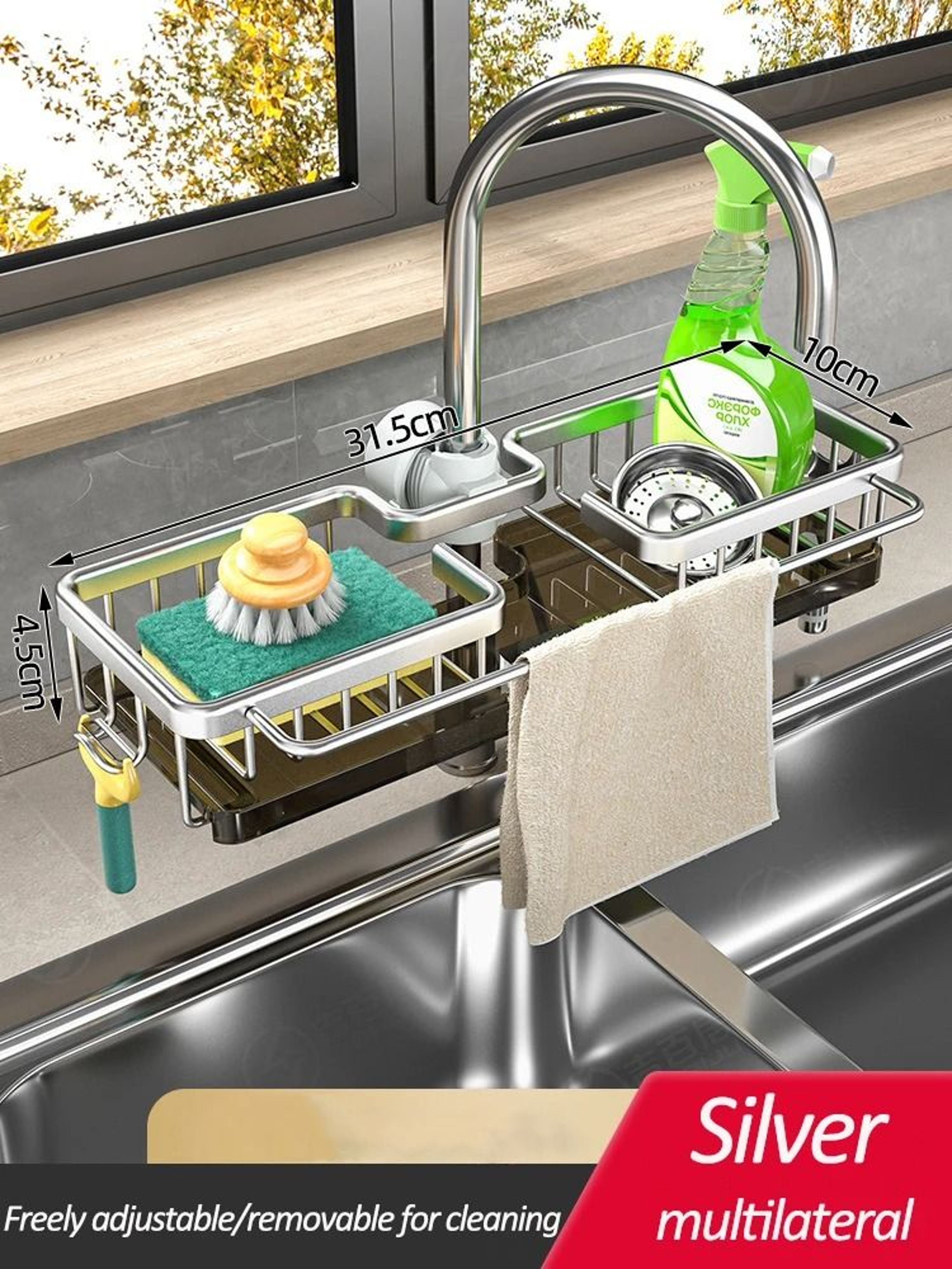 Faucet Mounted Kitchen Sink Storage Rack With Drain Basket For Sponges Soap And Cleaning Supplies 11