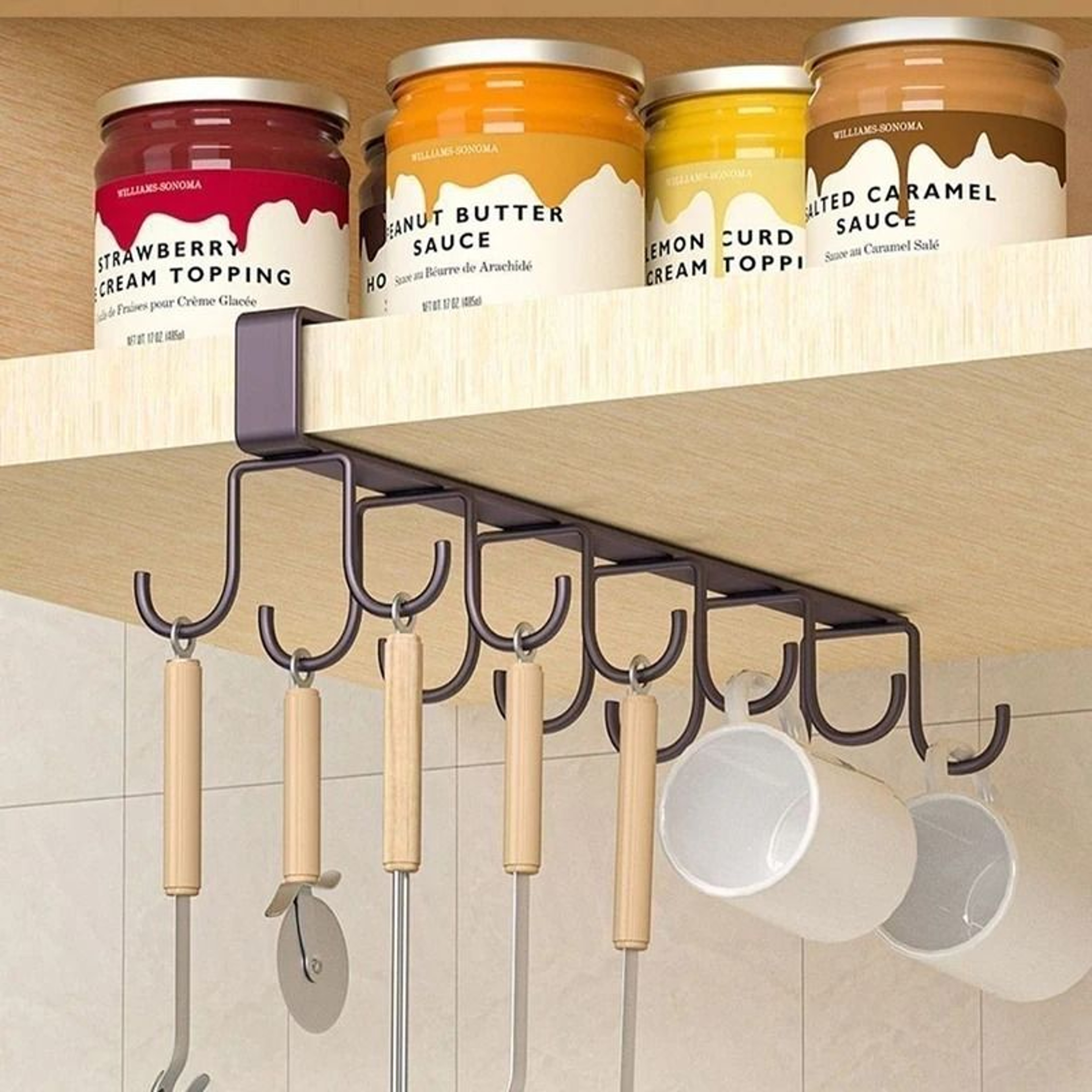 Punch Free Double Row Hanging Cup Holder With Wall Hooks 3
