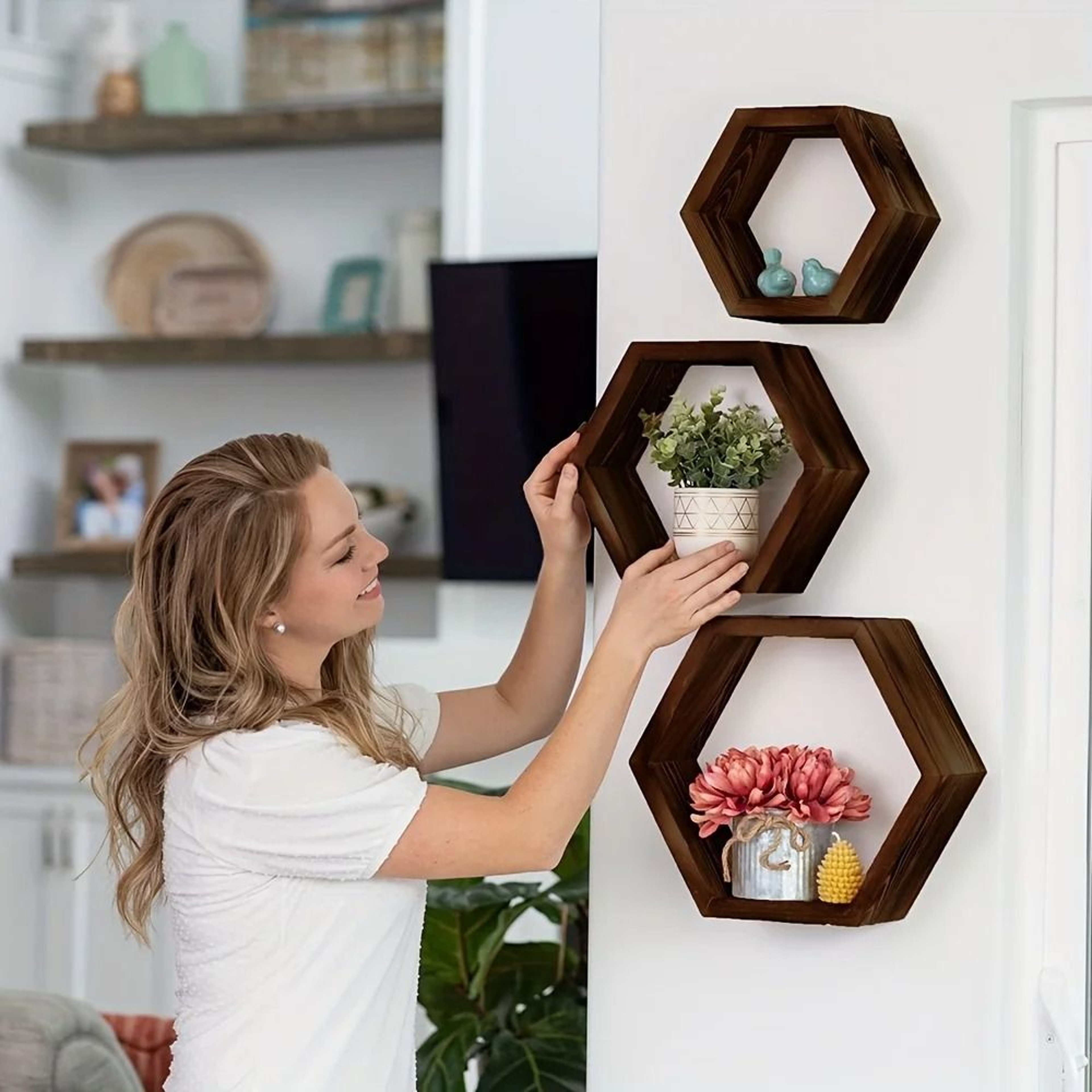 Hexagon Floating Wall Shelf For Bathroom And Bedroom Decor 2