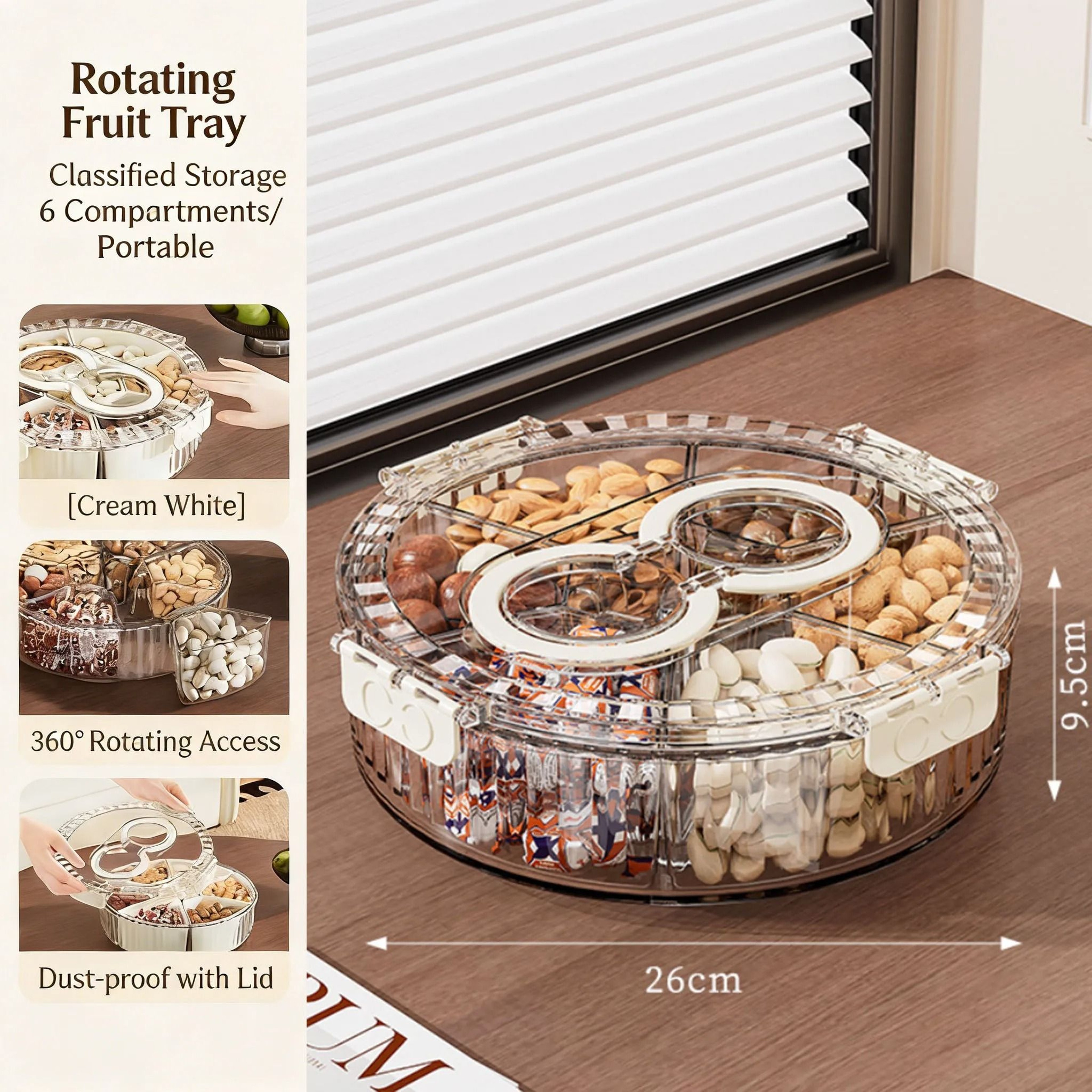 Rotating Snack Serving Tray With Lid  Handle For Fruits Veggies Candy  Charcuterie 8