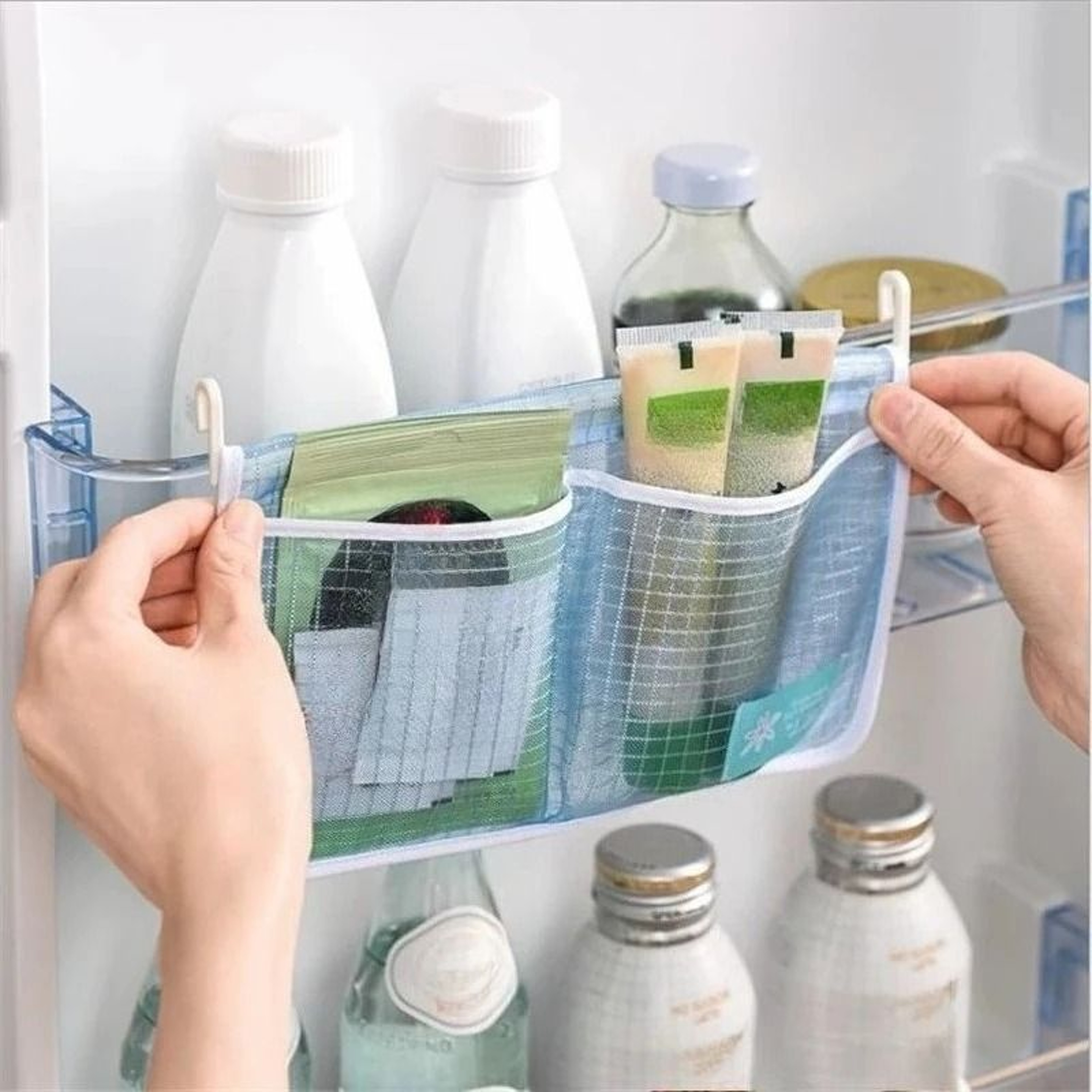 Double Compartment Hanging Mesh Storage Bag For Refrigerator Sauce Packets  Kitchen Organization 2