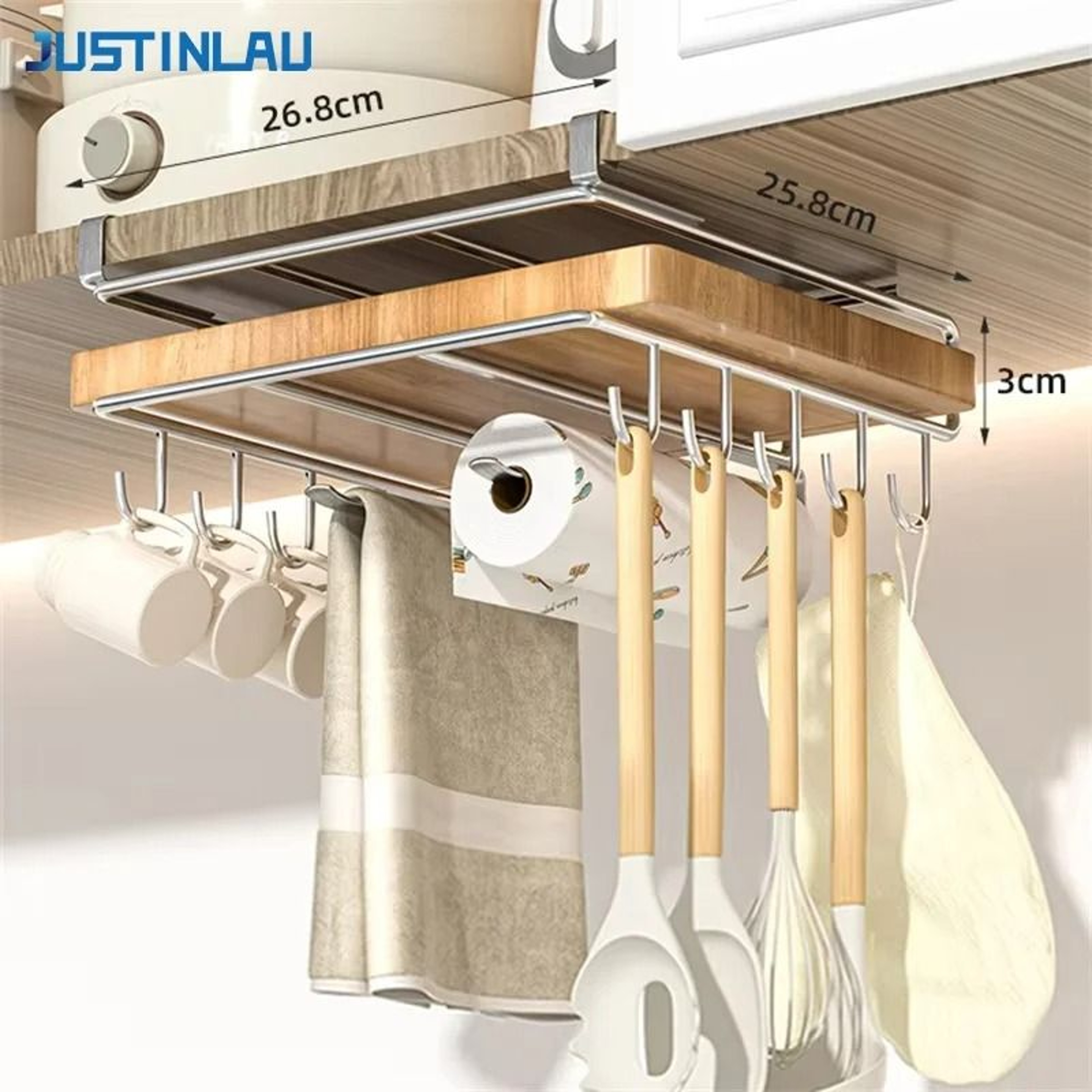 Over Cabinet Kitchen Organizer Rack With Hooks Paper Towel Holder  Cutting Board Storage 1