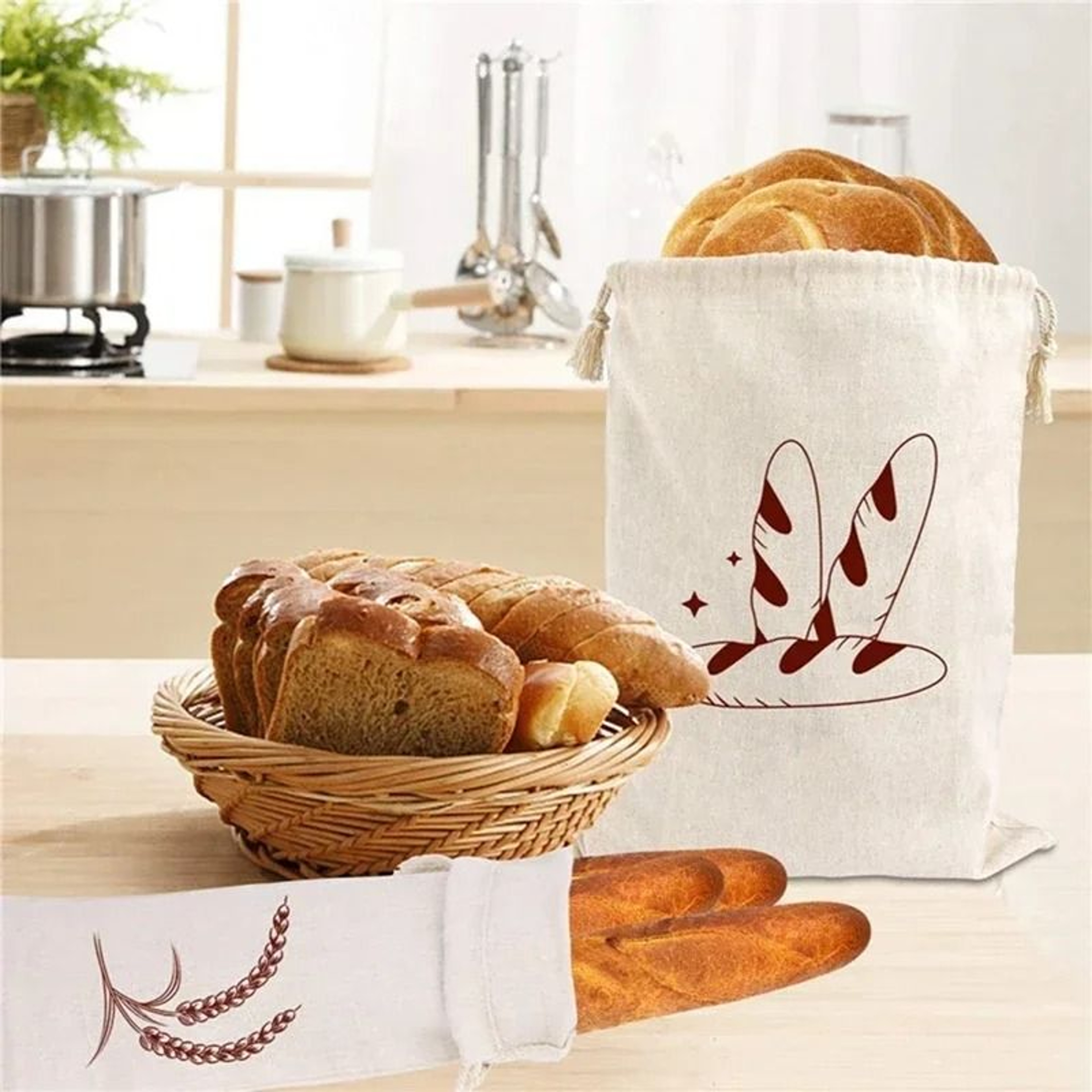 Reusable Linen Bread Storage Bag EcoFriendly Cotton Drawstring Loaf  Baguette Keeper 2
