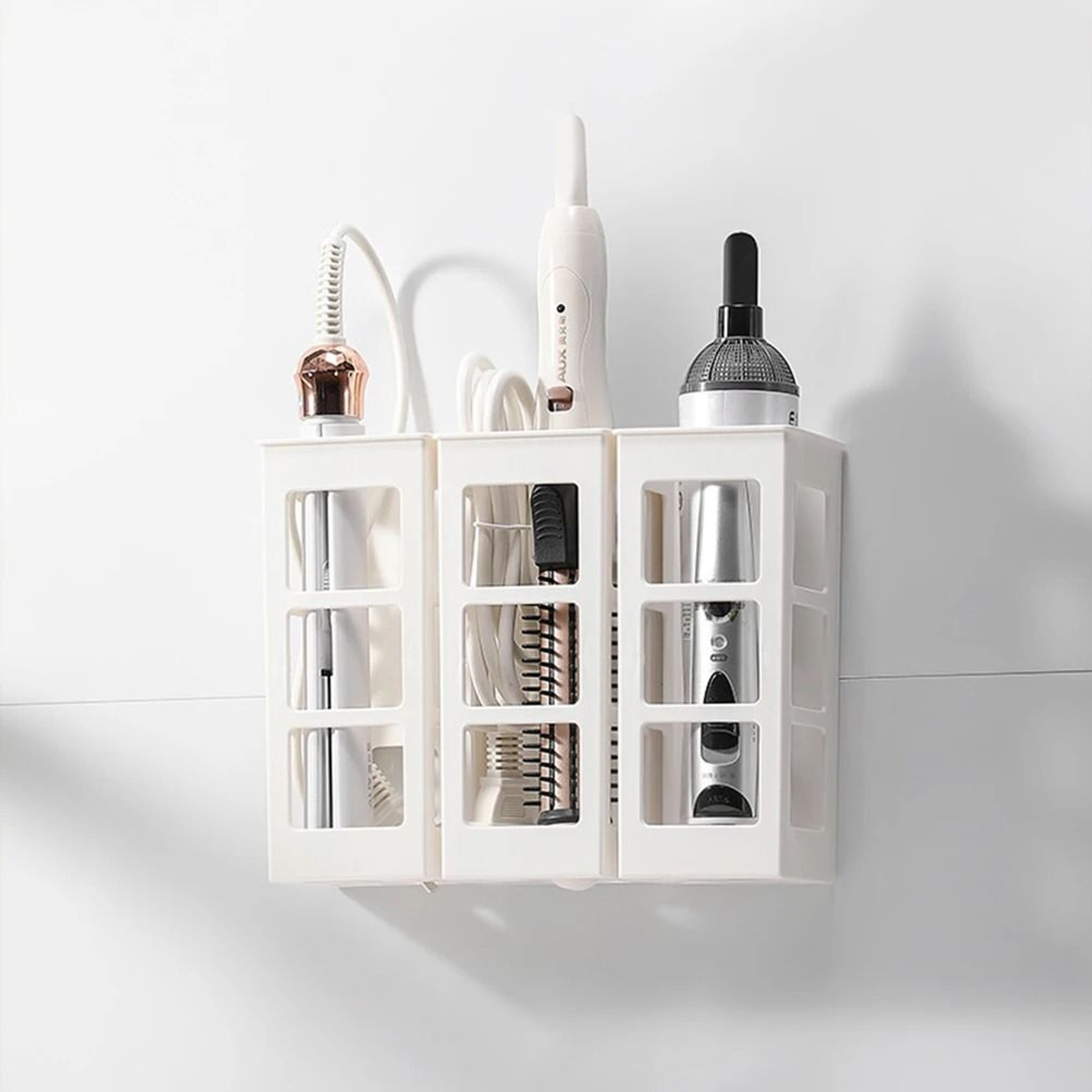 WallMounted Curling Iron  Hair Tool Organizer With Makeup Storage Compartment 9