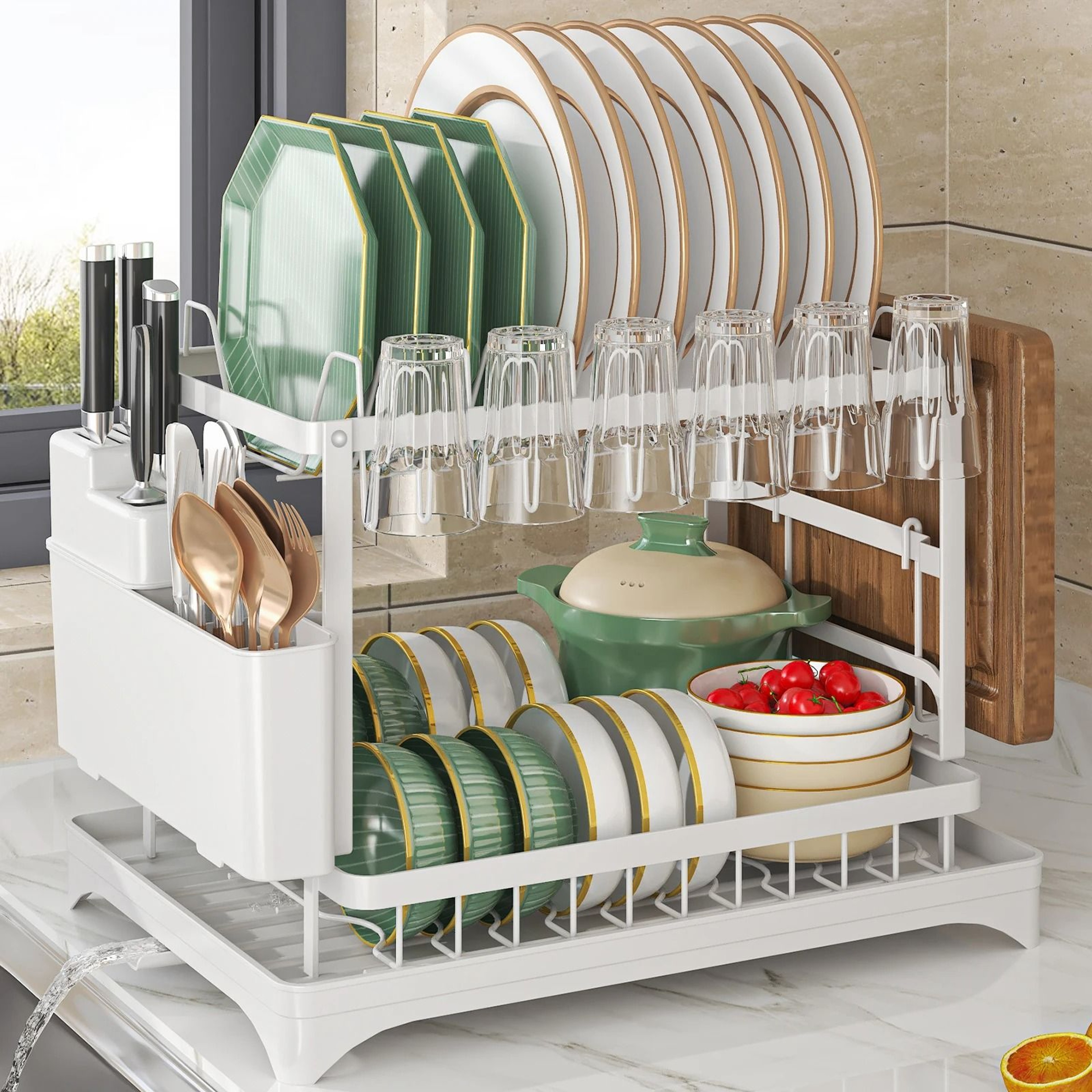 2 Tier Dish Drying Rack With Drain Tray Kitchen Countertop Organizer And Cutlery Holder 1