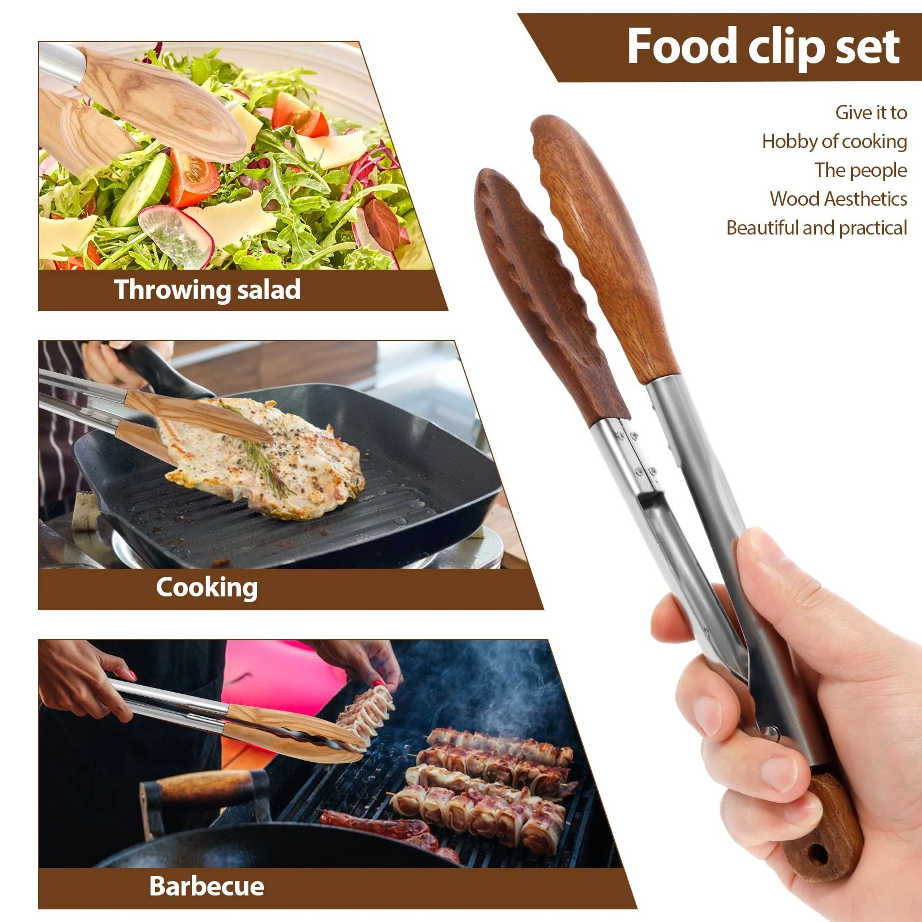 2 Piece Rustproof Wood Food Tongs For Cooking And Serving 6