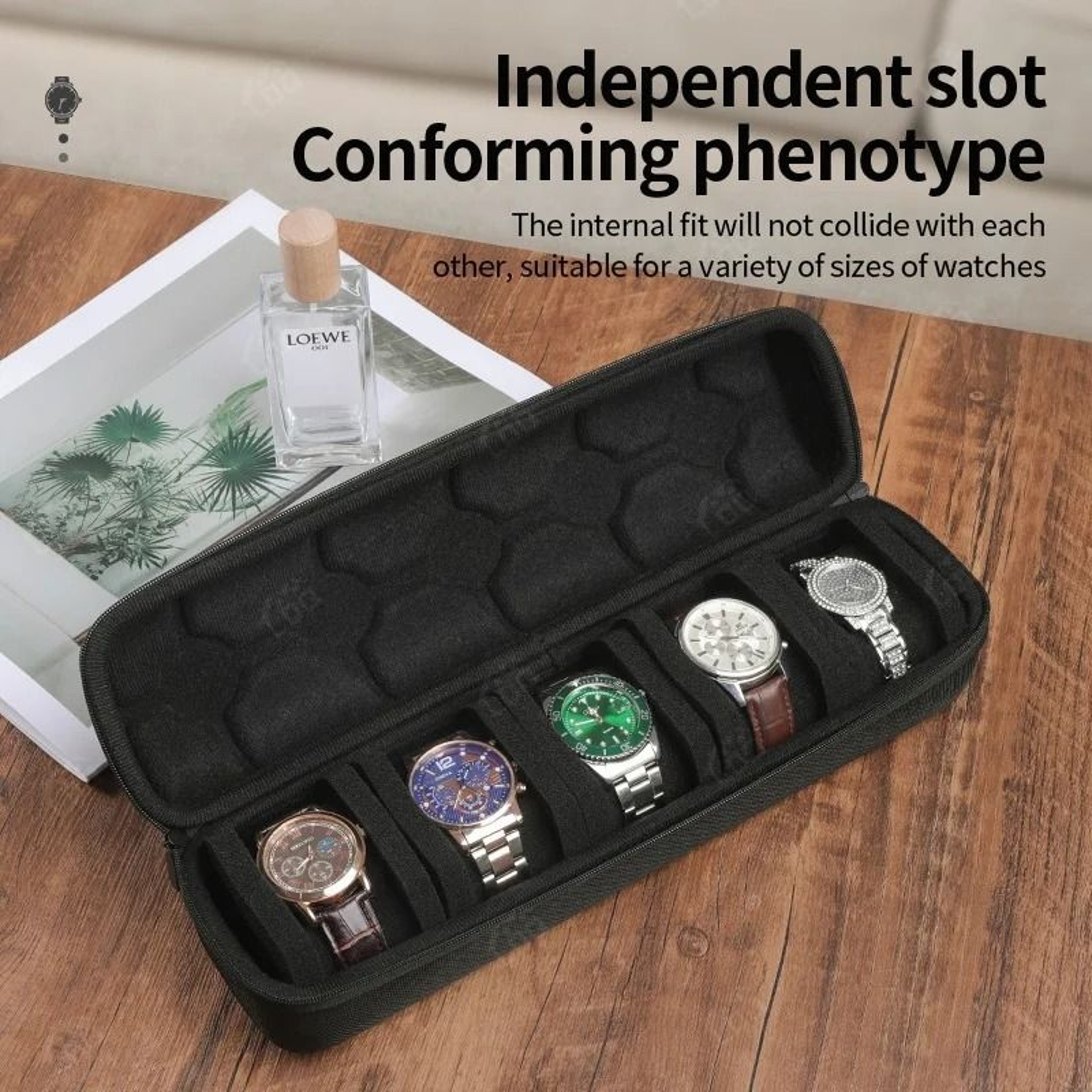 5 Slot Hard Shell Watch Travel Case With Soft Foam Pillows And Handle 0