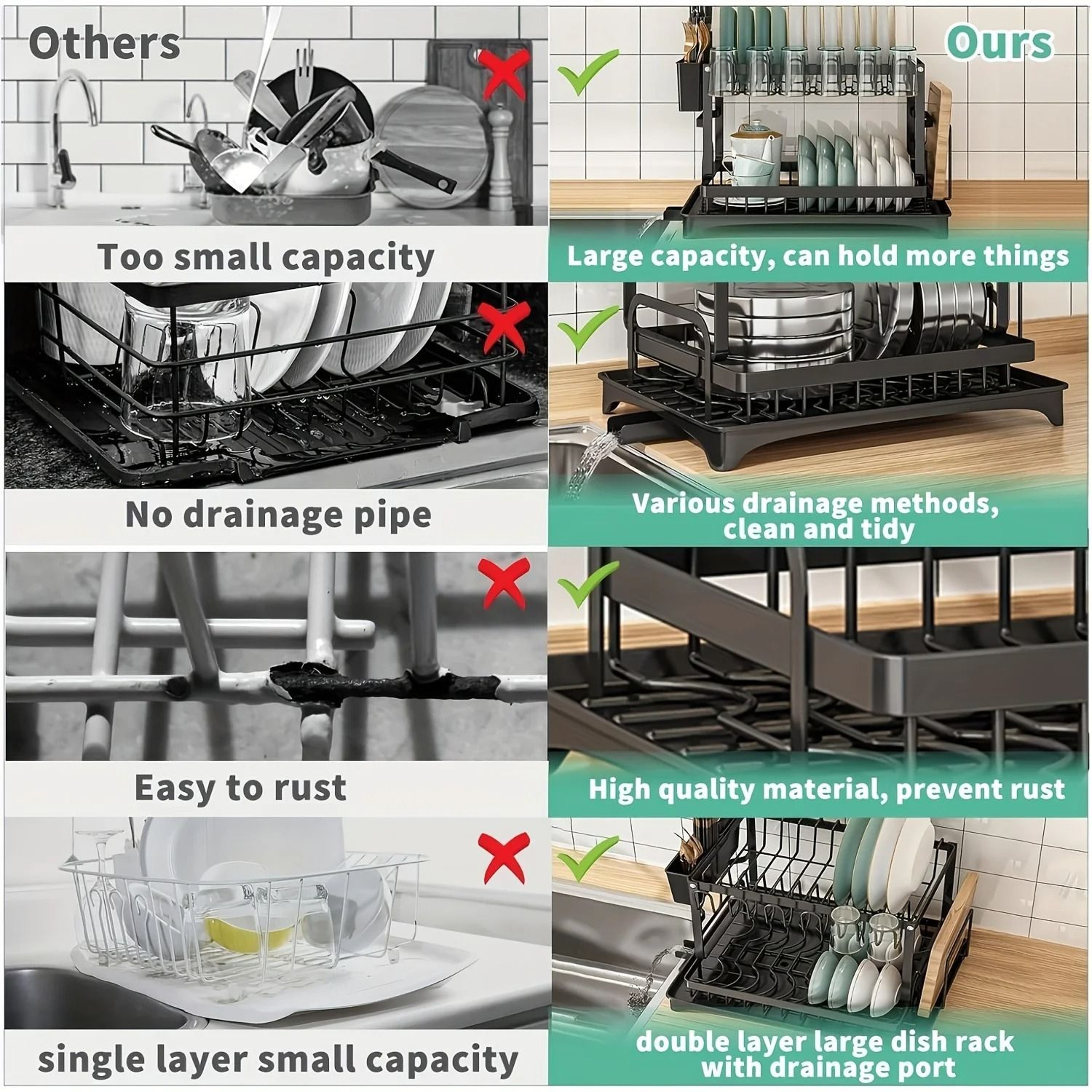 Double Layer Kitchen Storage Rack Large Capacity Metal Dish Organizer With Drainage 4