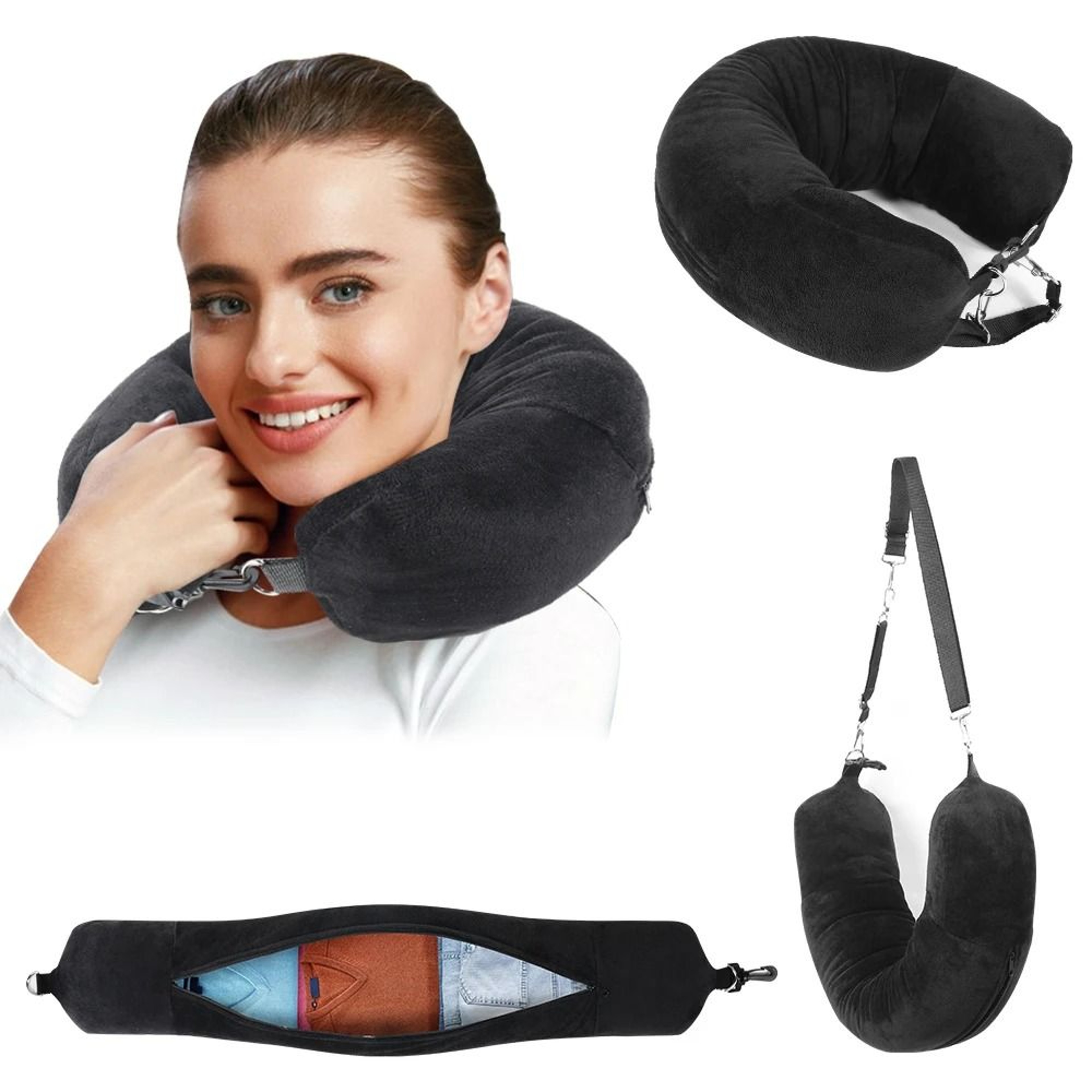 Packable Travel Neck Pillow With Hidden Storage Refillable U Shaped Airplane And Car Pillow 1