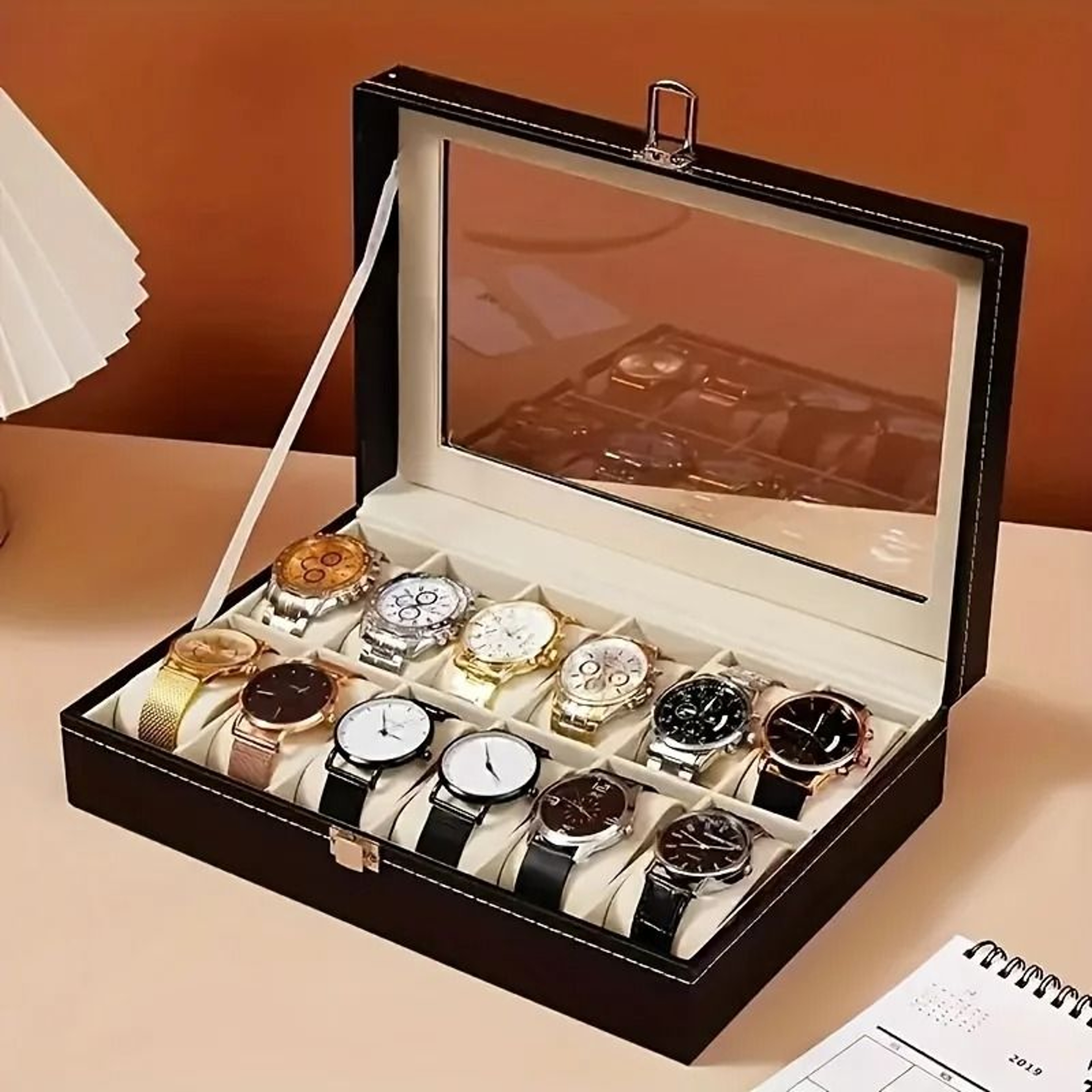 Luxury Black Faux Leather Watch Box With Glass Top Lockable 12 Slot Display Case 0