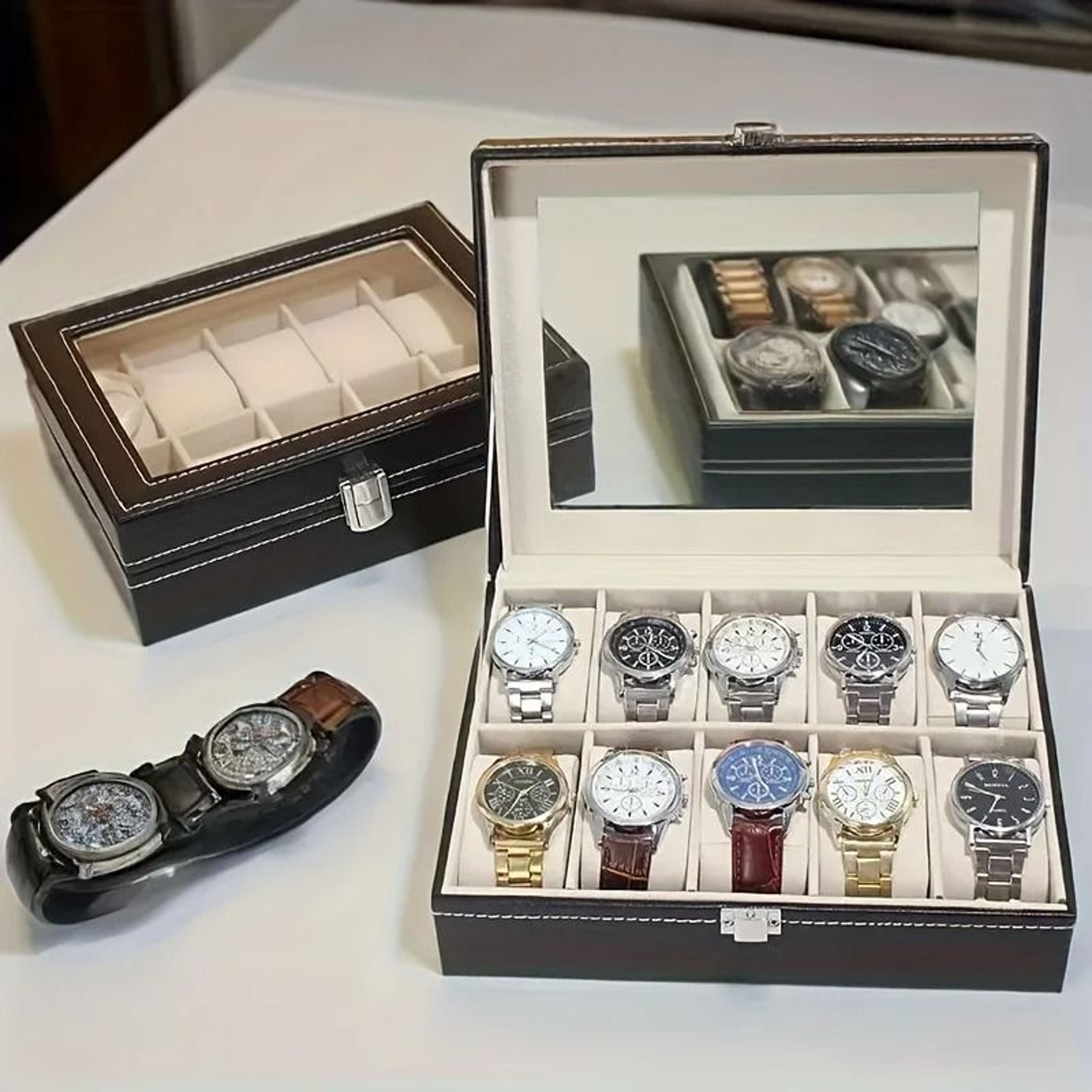 Luxury Faux Leather Watch Storage Box With Glass Display Lid And Lock 0
