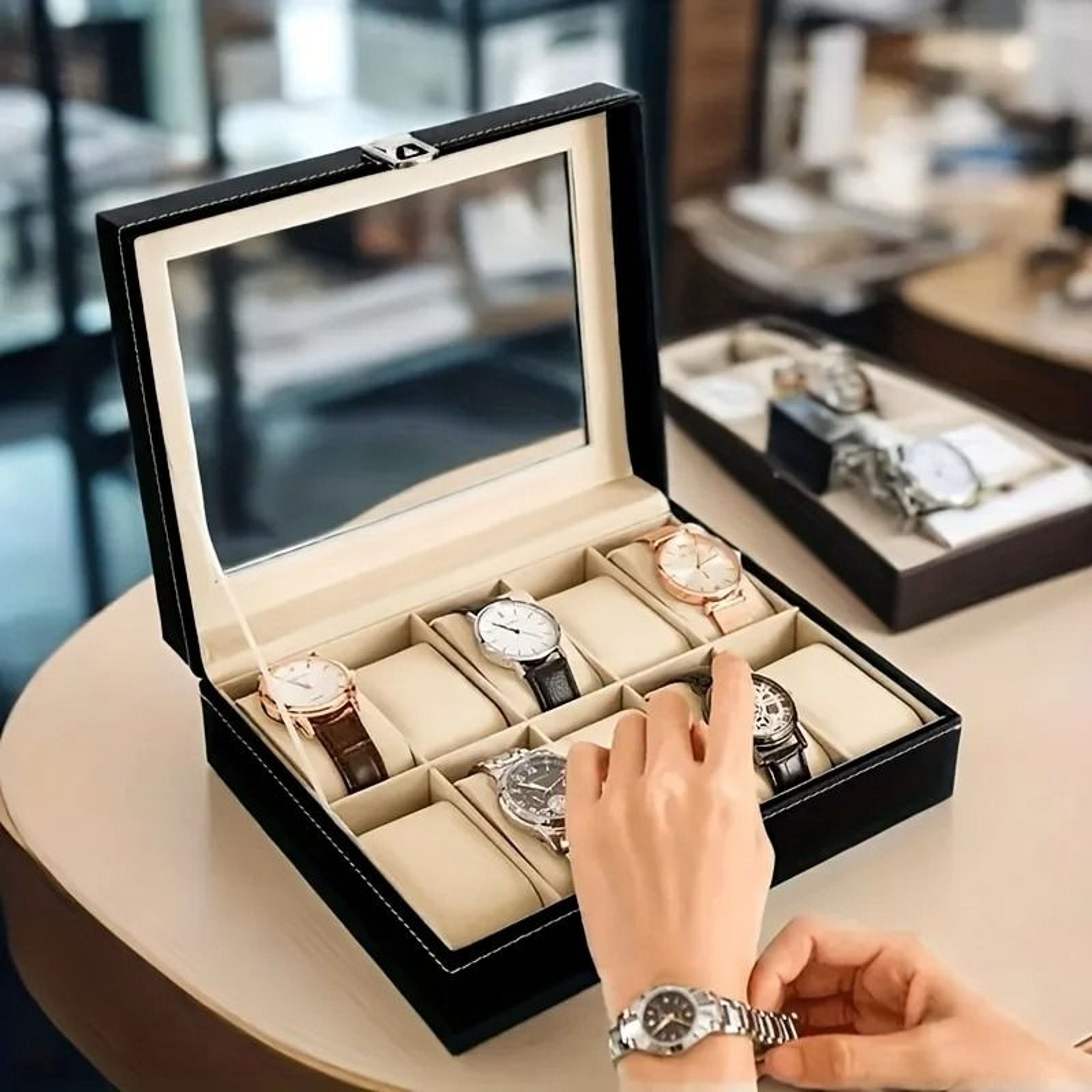 Luxury Faux Leather Watch Storage Box With Glass Display Lid And Lock 1