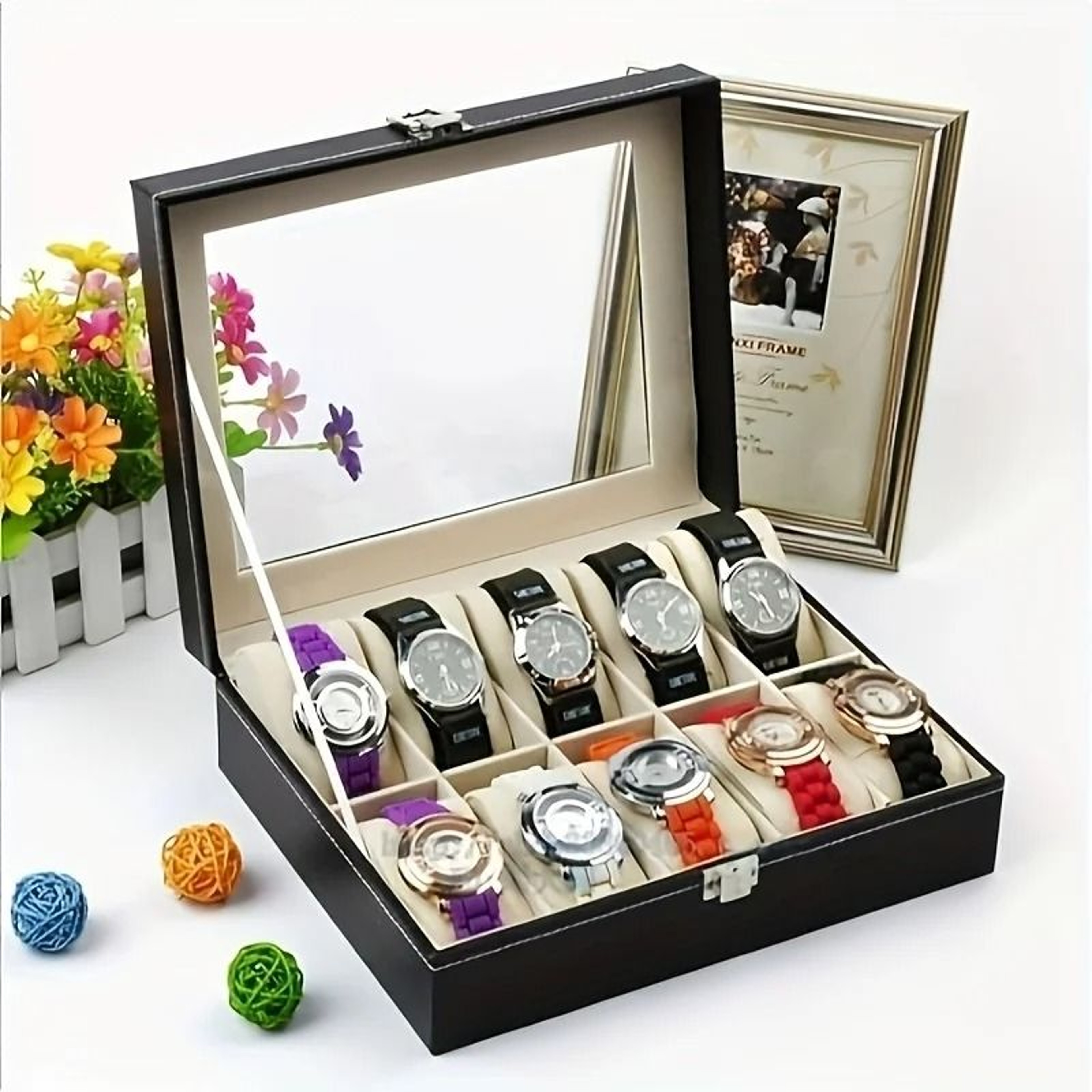Luxury Faux Leather Watch Storage Box With Glass Display Lid And Lock 2
