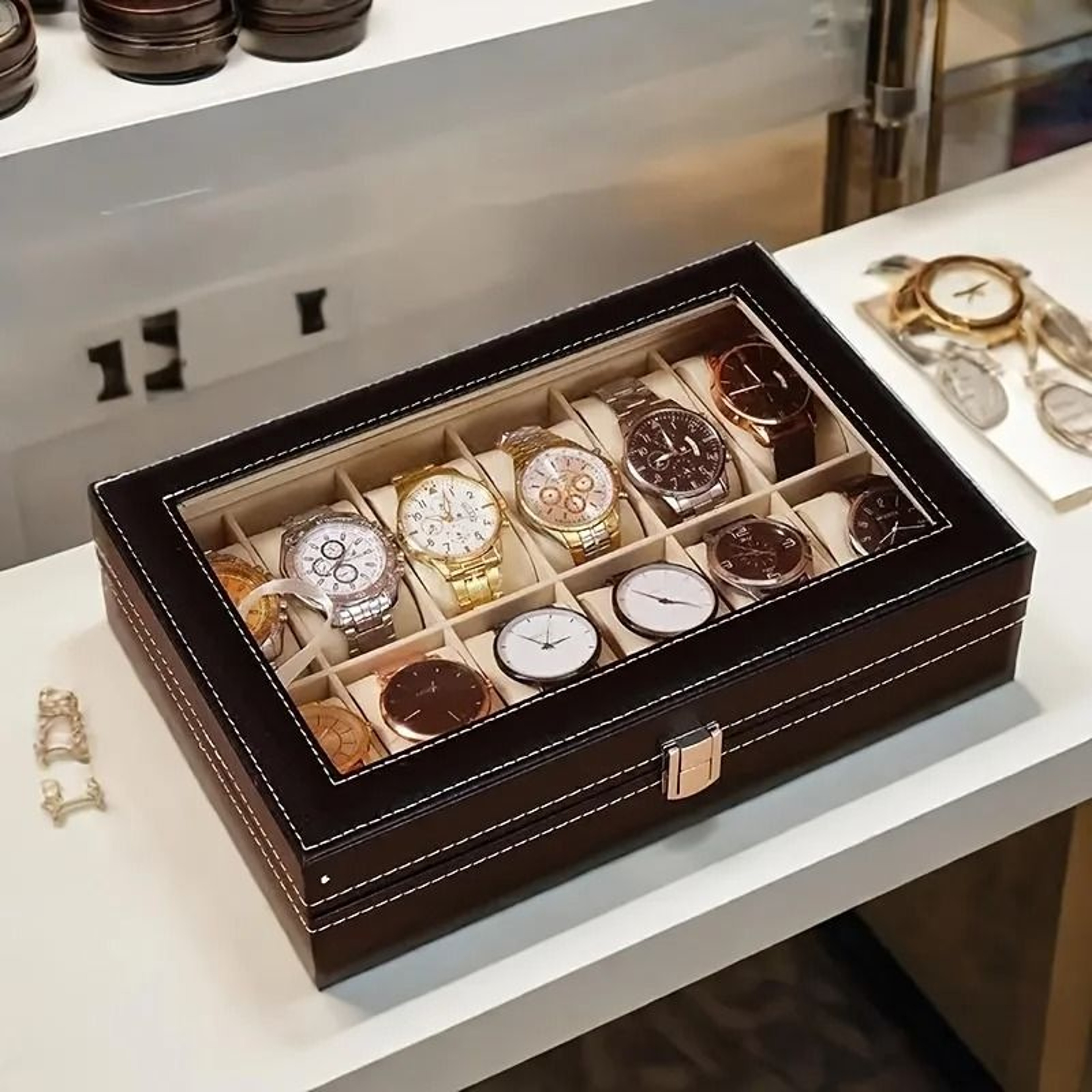 Luxury Faux Leather Watch Storage Box With Glass Display Lid And Lock 5