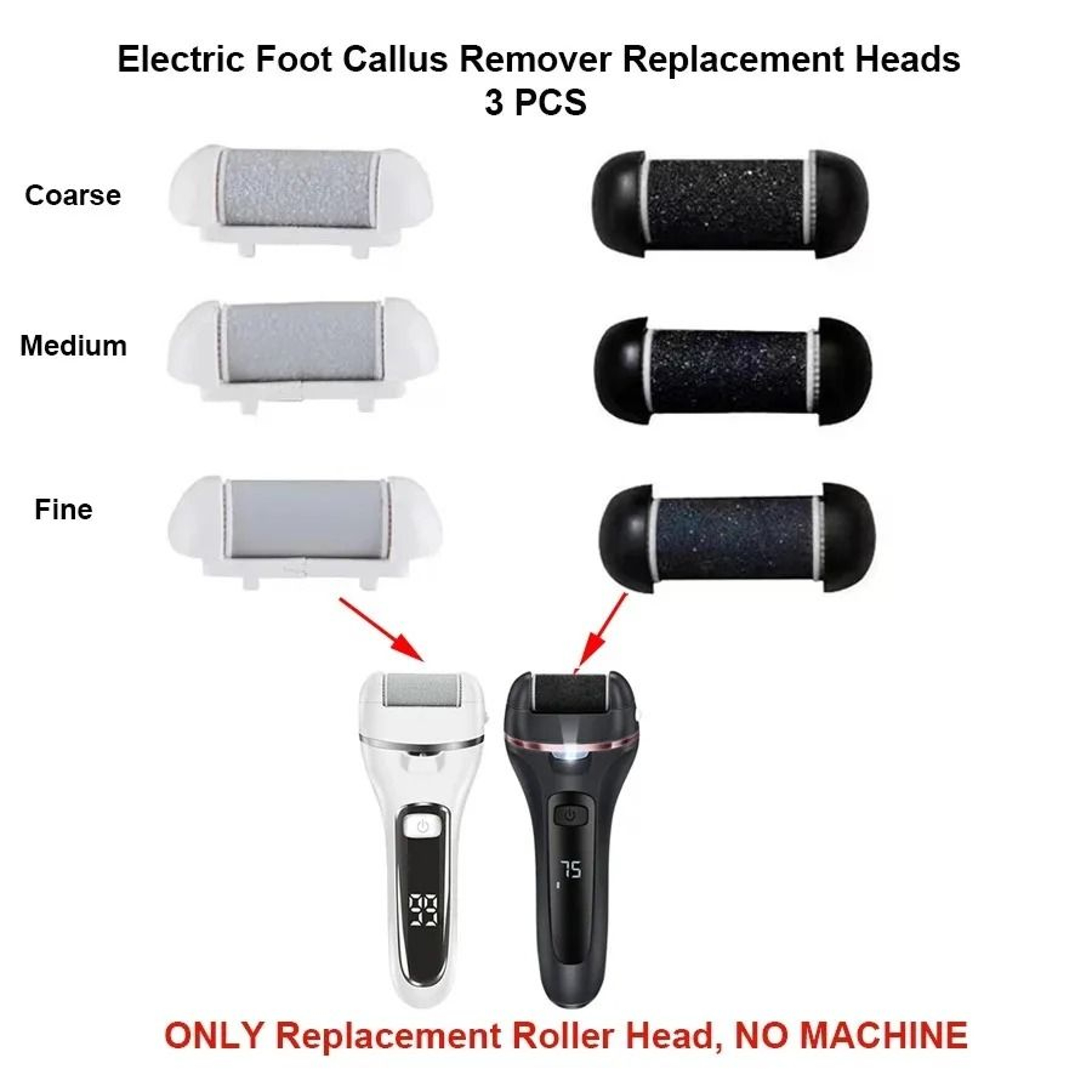 3 Piece Replacement Roller Heads For Electric Foot File Hard Skin Remover Refills 0