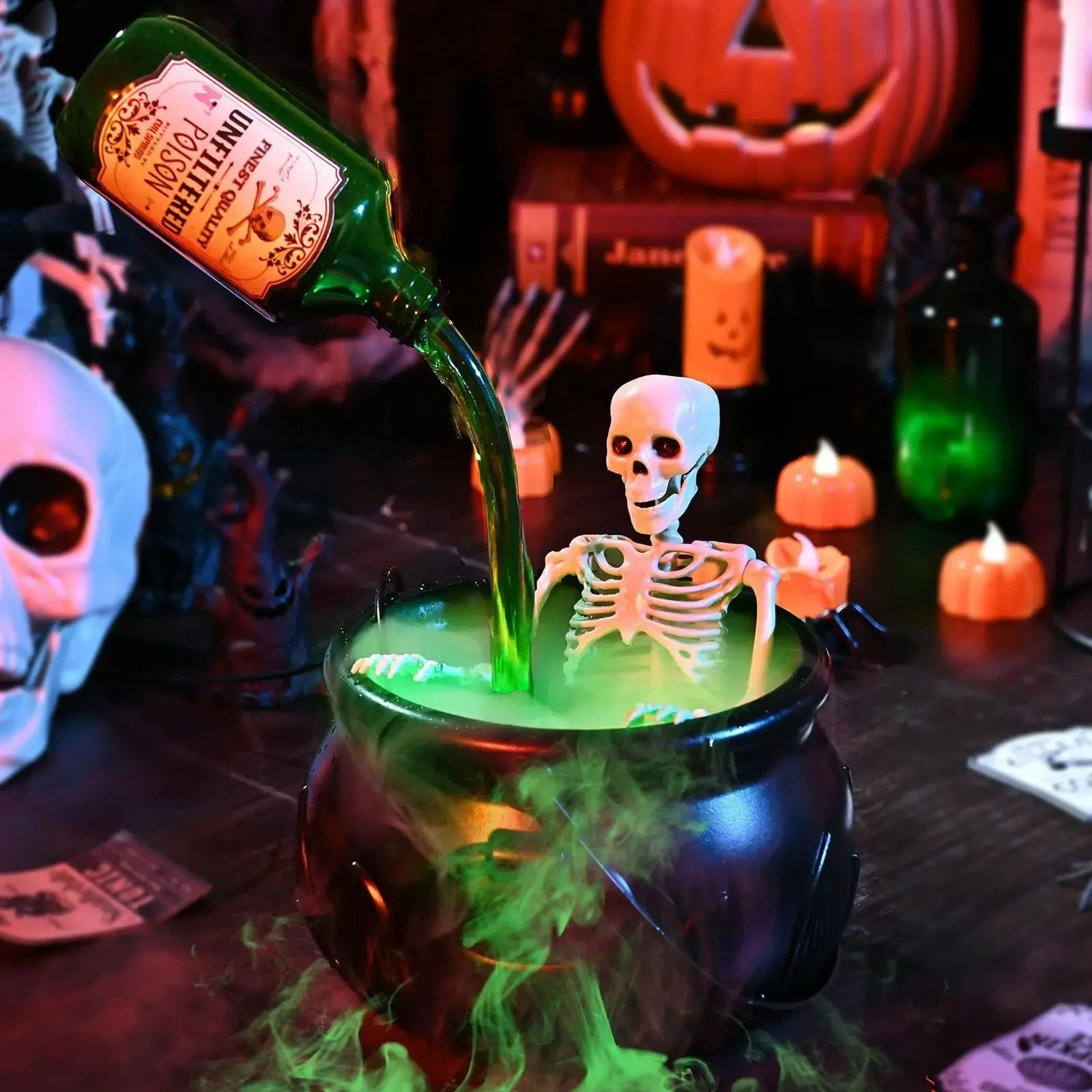 Halloween Witch Cauldron With LED Mist Maker And Skeleton Decor 7