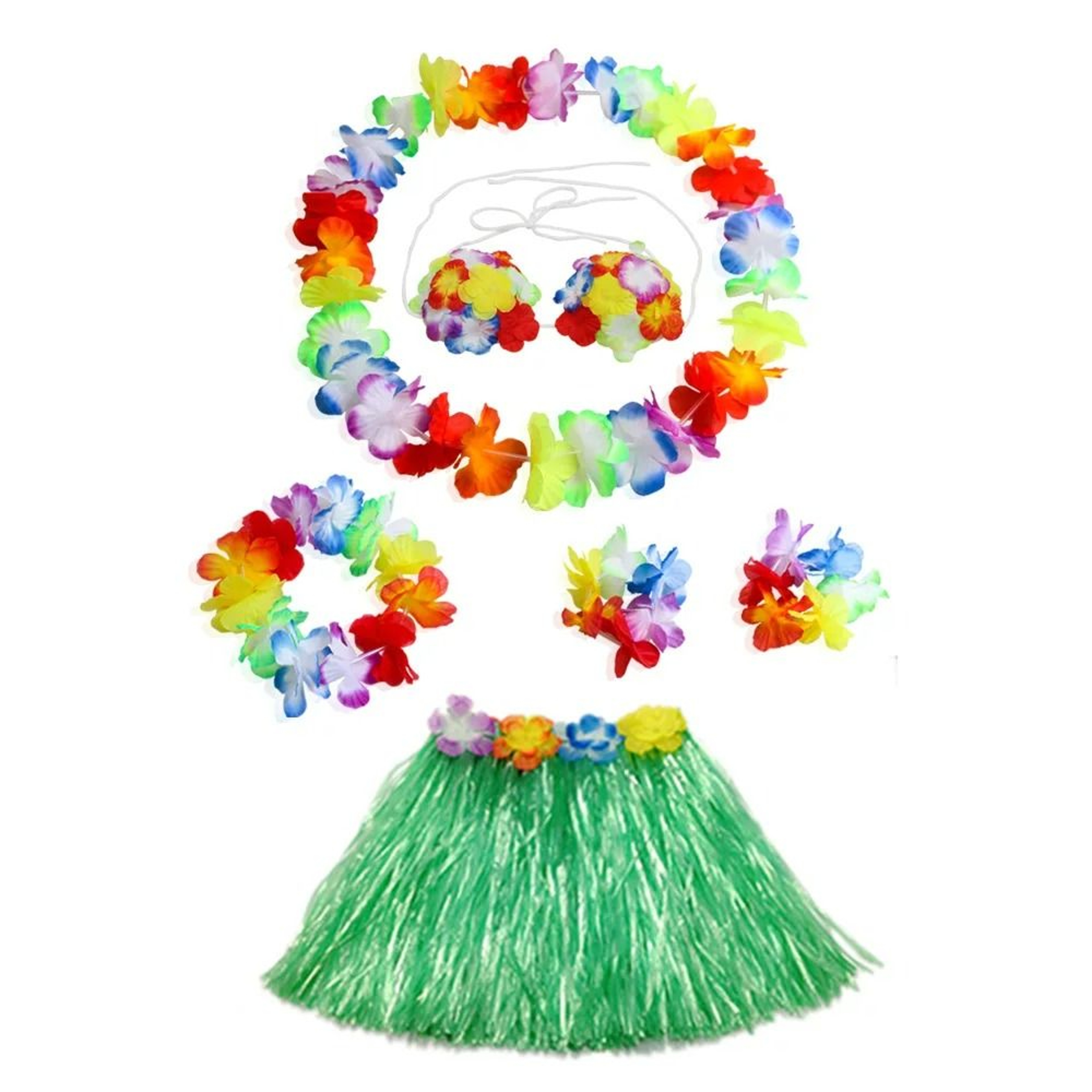 Kids Hawaiian Hula Grass Skirt Costume Set With Flower Lei Accessories 15