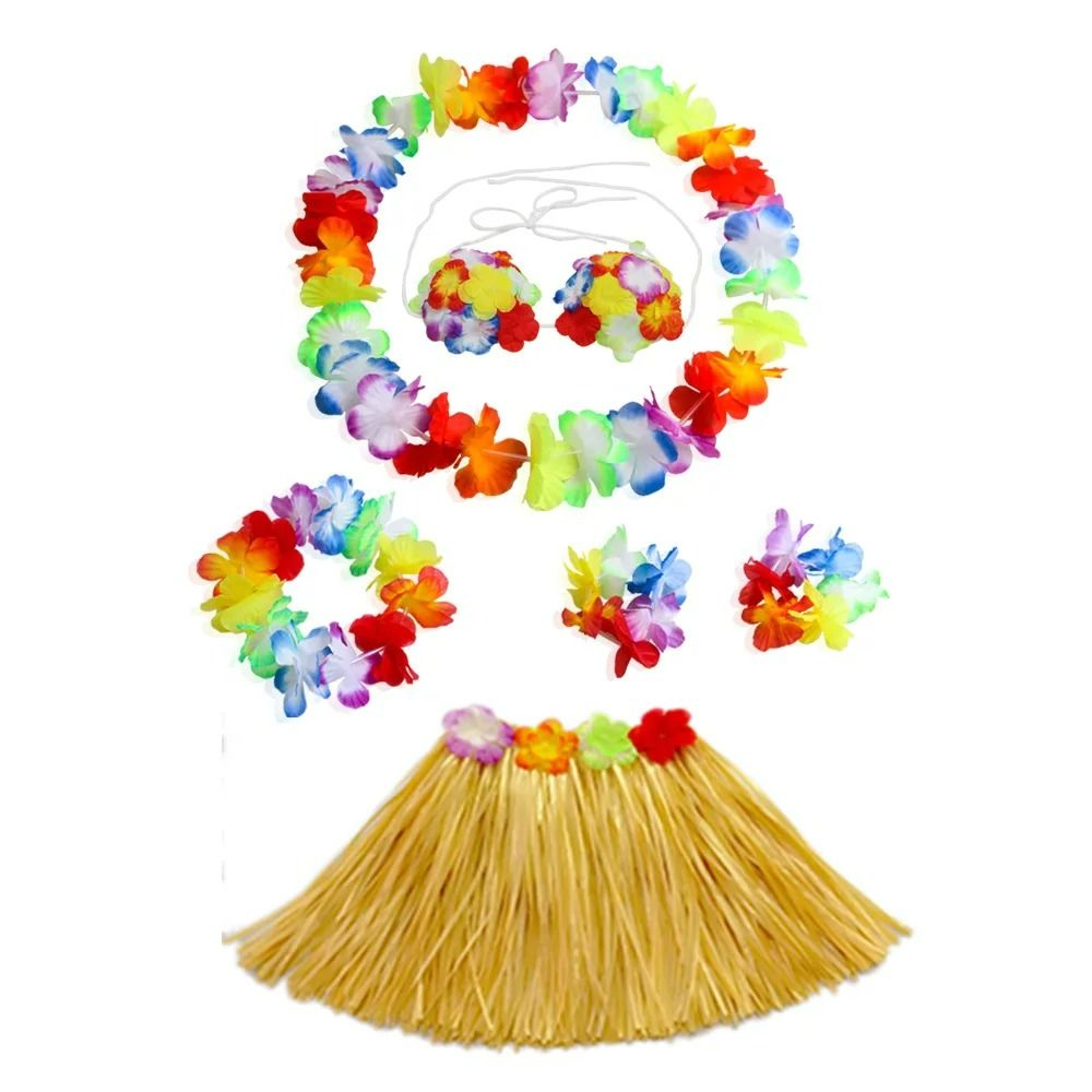 Kids Hawaiian Hula Grass Skirt Costume Set With Flower Lei Accessories 8
