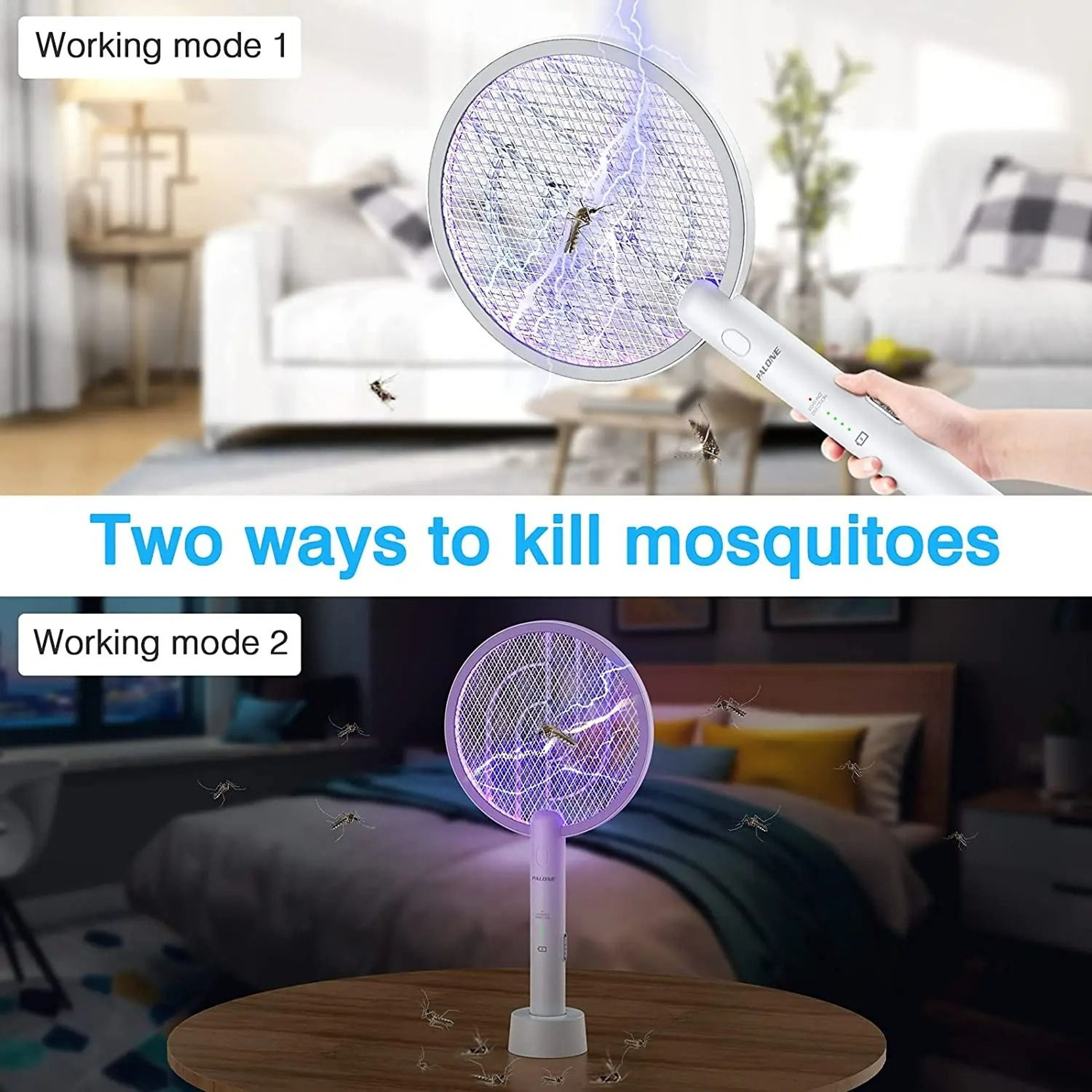 2 In 1 Rechargeable Electric Mosquito Swatter With Bug Zapper Lamp And Safety Mesh 4