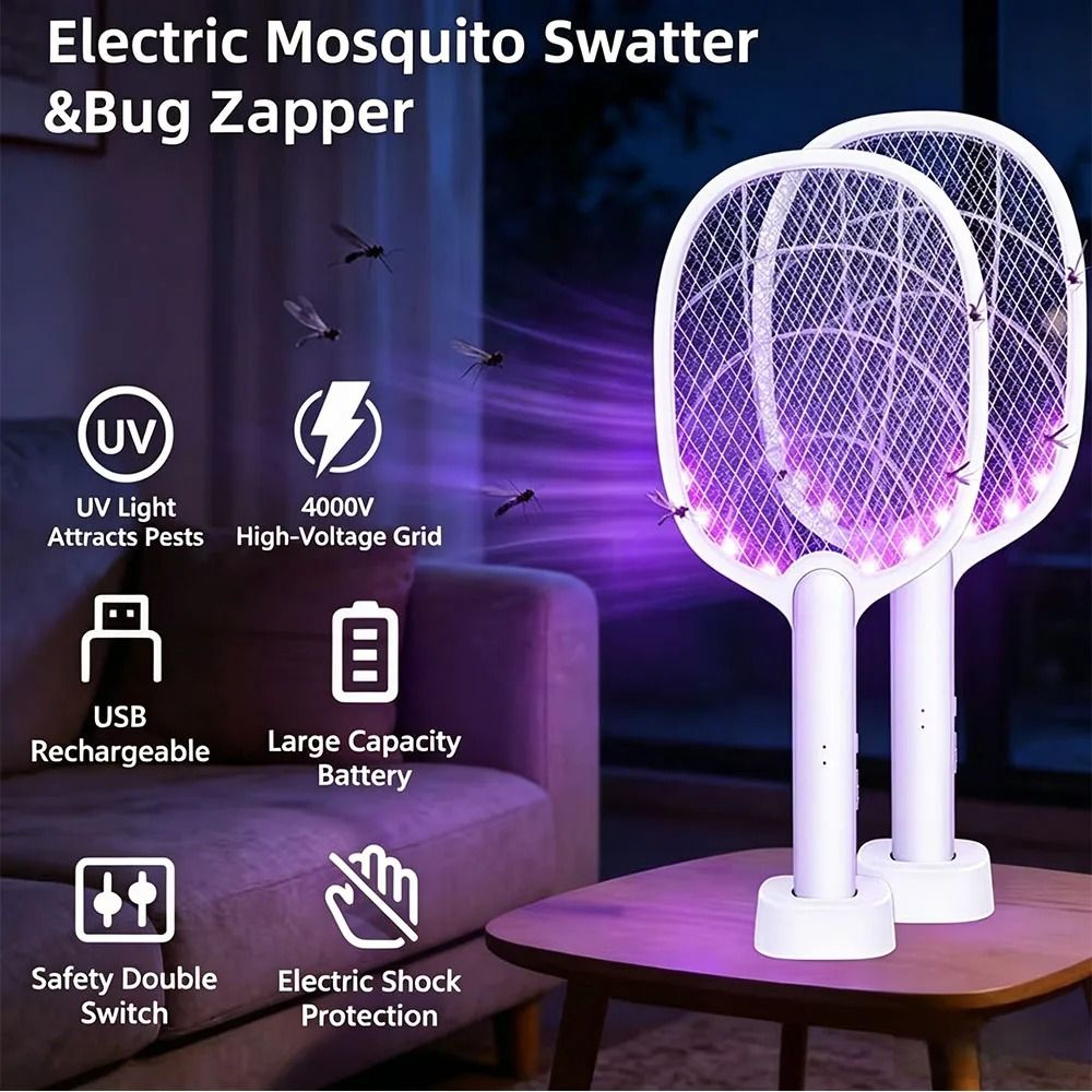 Type C Rechargeable Electric Mosquito Swatter With Bug Zapper Lamp 0