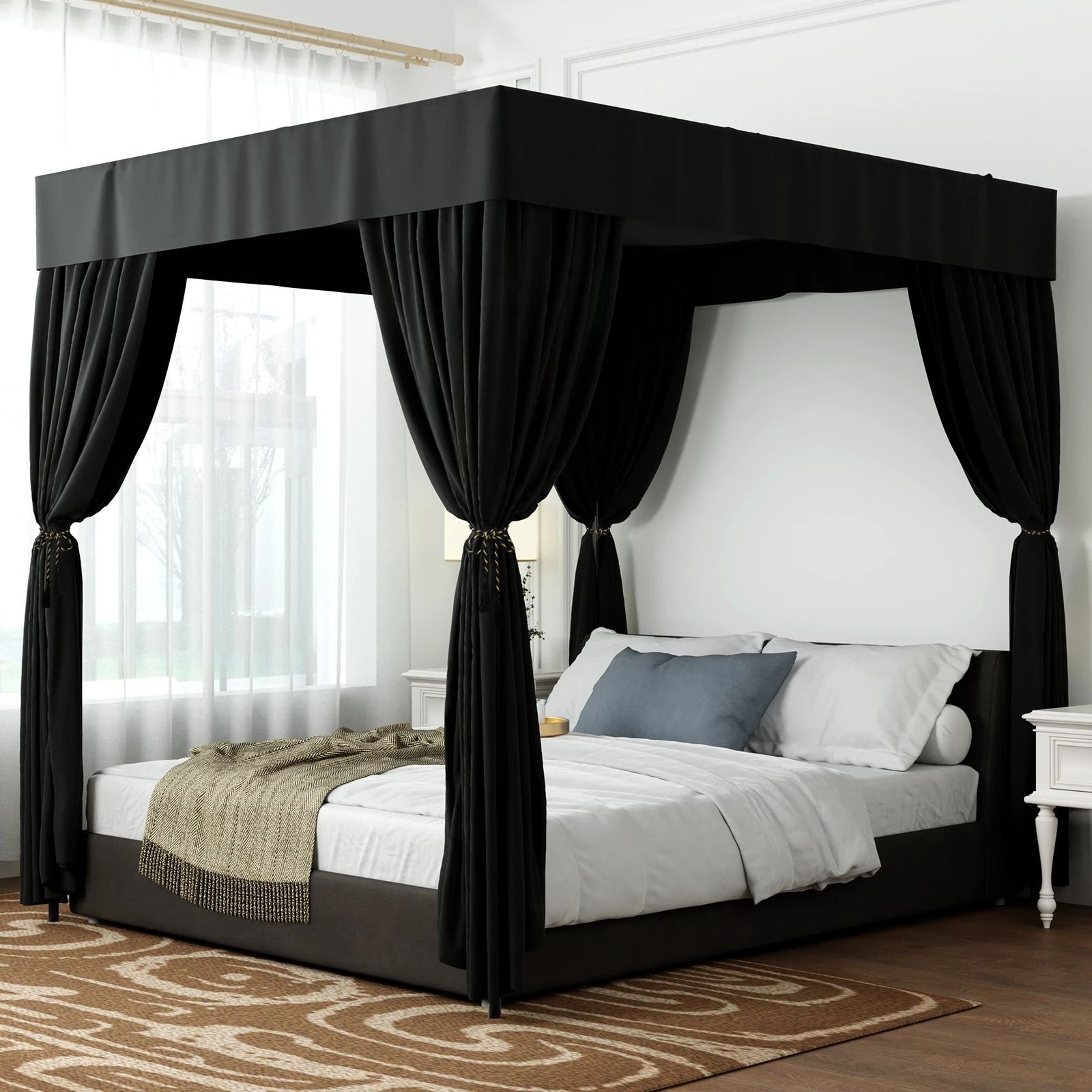 NoirHaven Black Four Corner Bed Canopy Curtains For Queen And King Beds 1