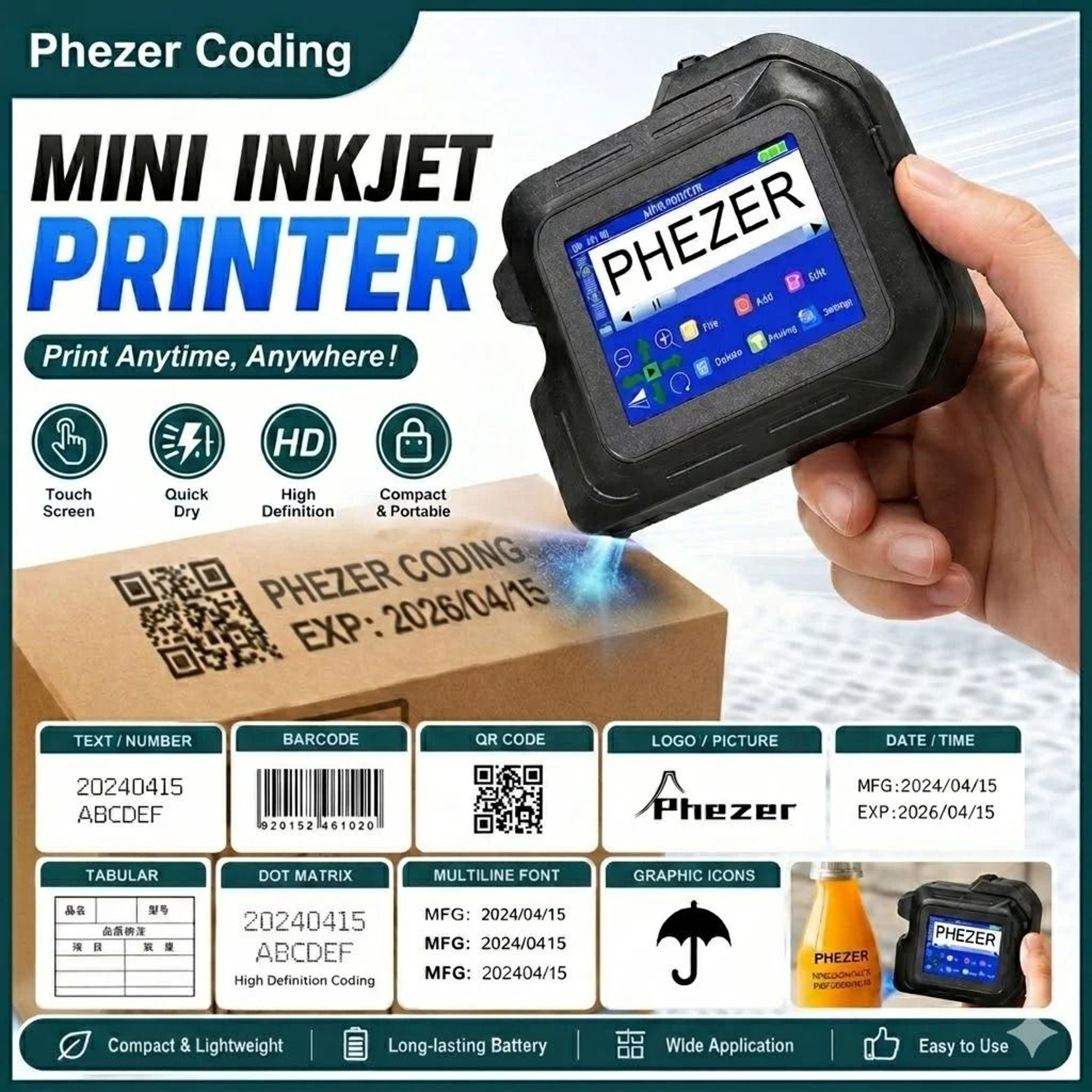 Phezer PC98 Portable Handheld Inkjet Printer 1