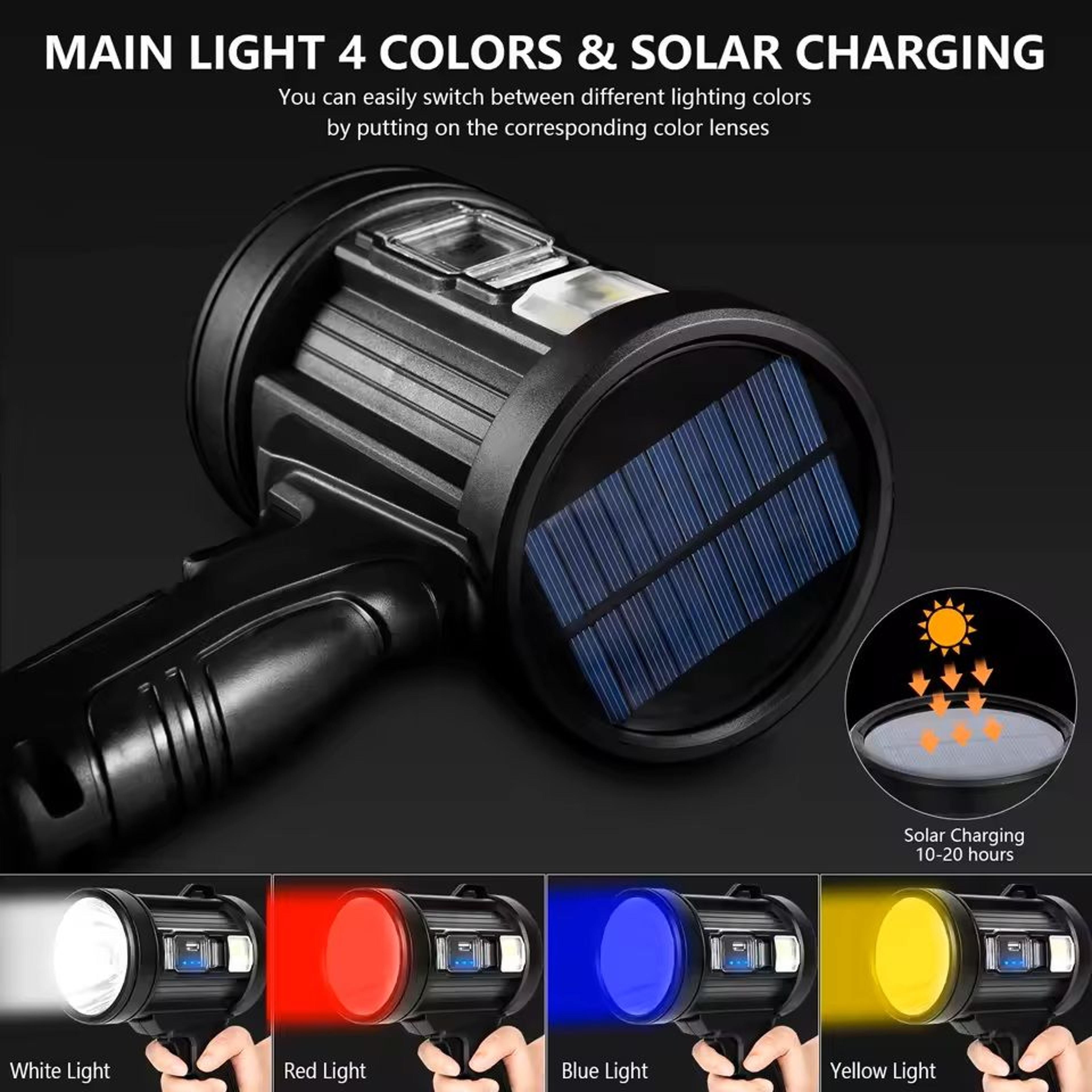 Rechargeable Spotlight 1000000 Lumens Handheld Flashlight With COB And Solar Panels 5
