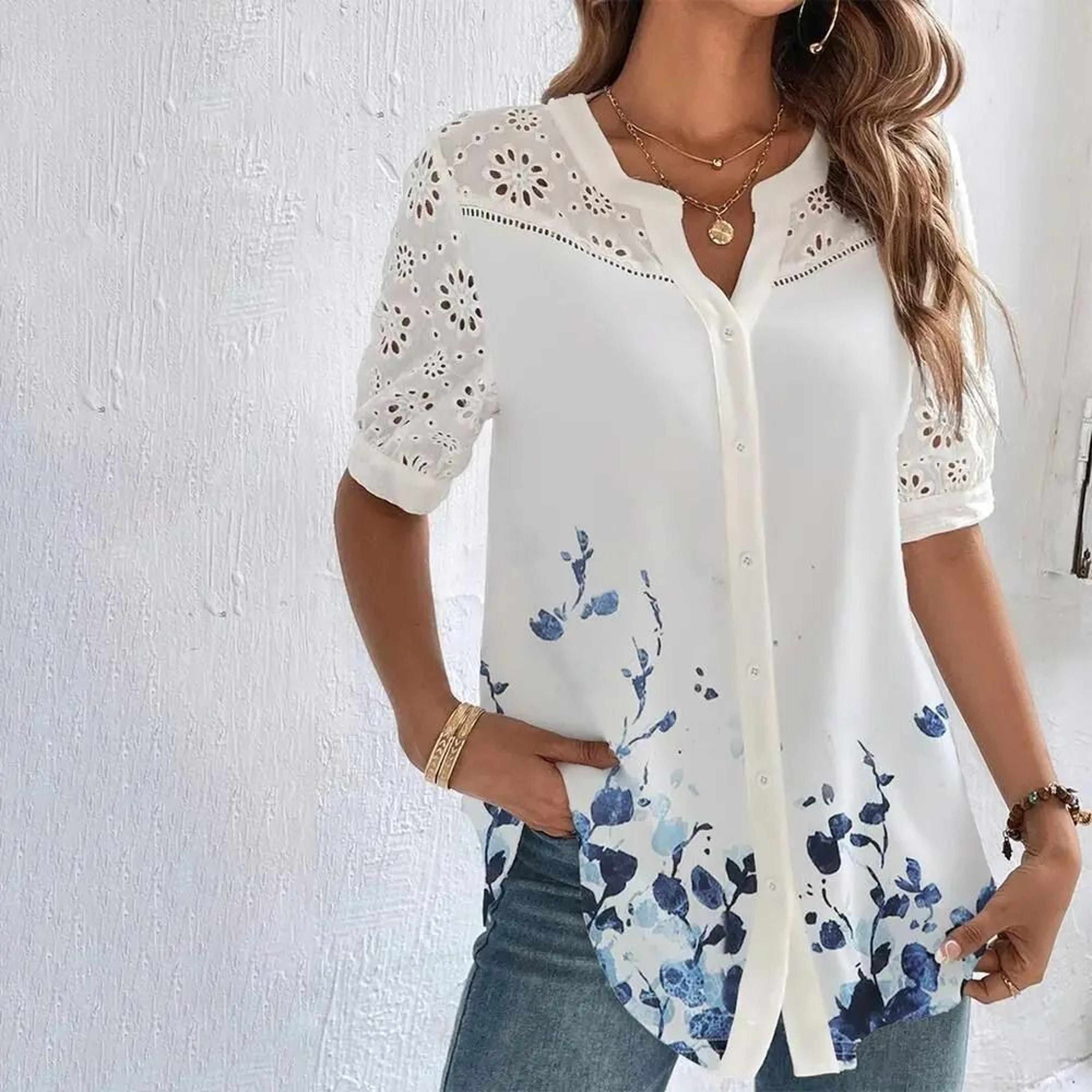 Womens Elegant Lace Short Sleeve Blouse Casual Loose Fit Top For Summer Holidays And Weekend Outfit 5