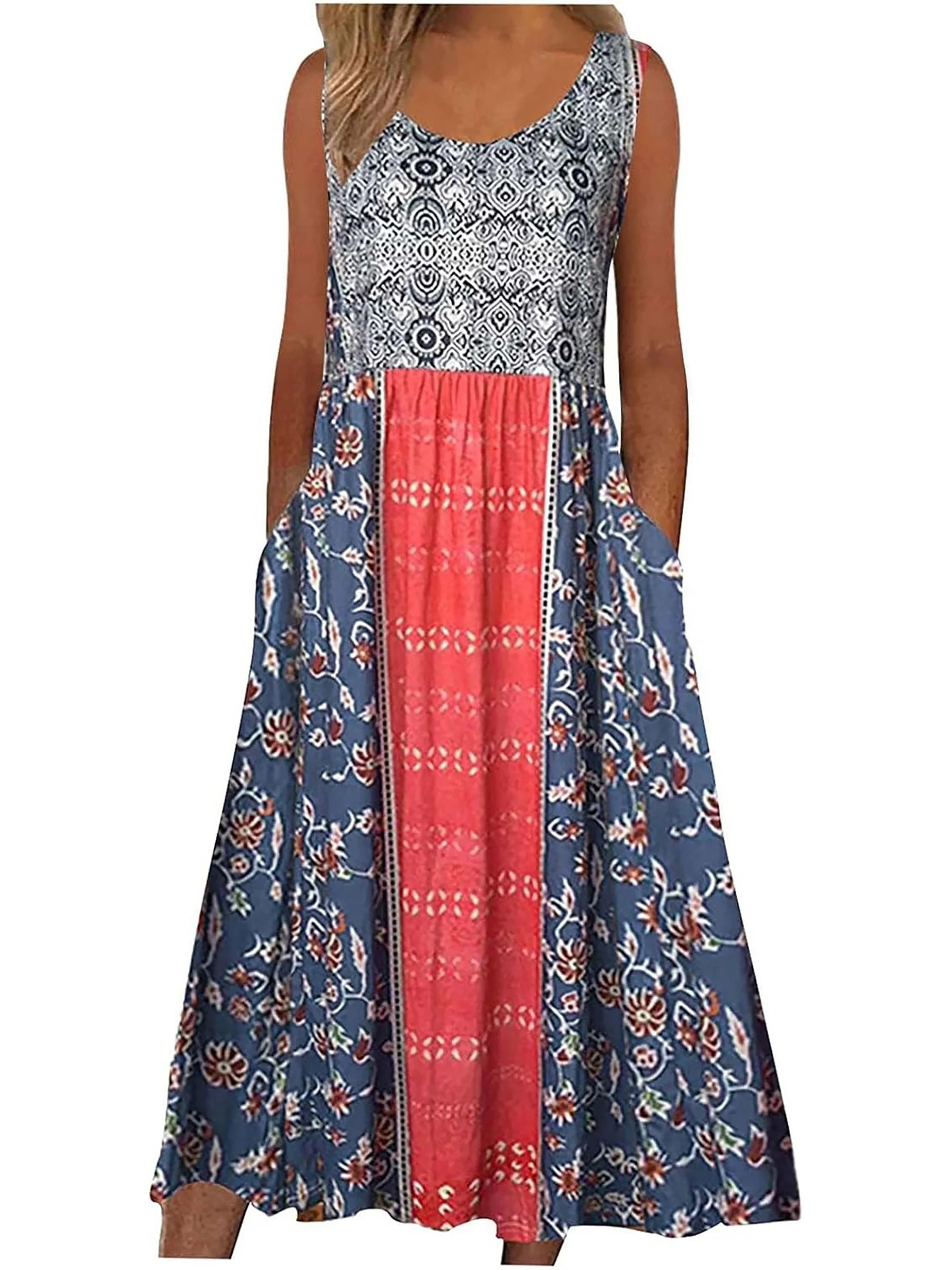 Womens Sleeveless Bohemian Floral Midi Sundress With Pockets 9
