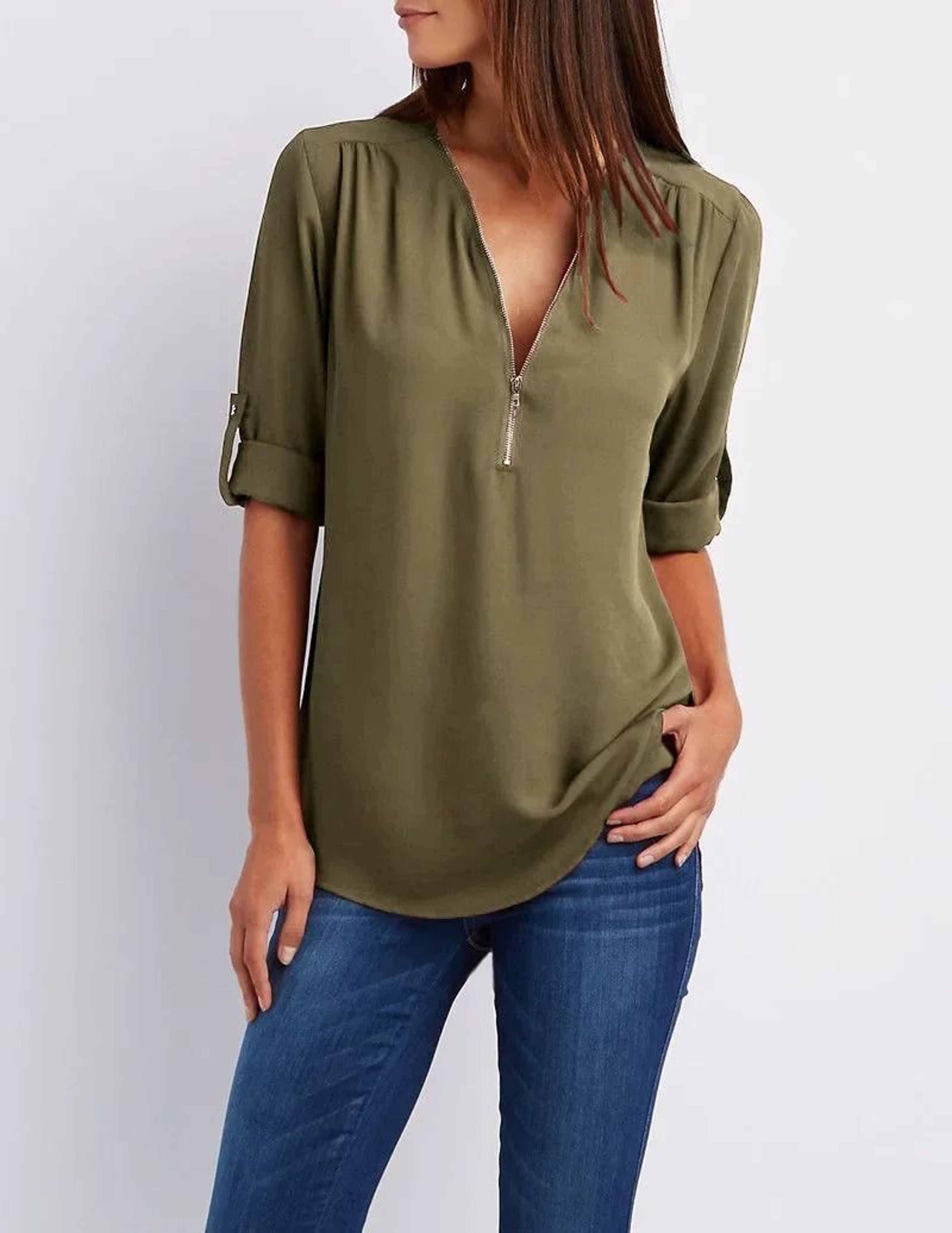 Womens Loose Deep V Neck Chiffon Zipper Pullover Plus Size Top 9