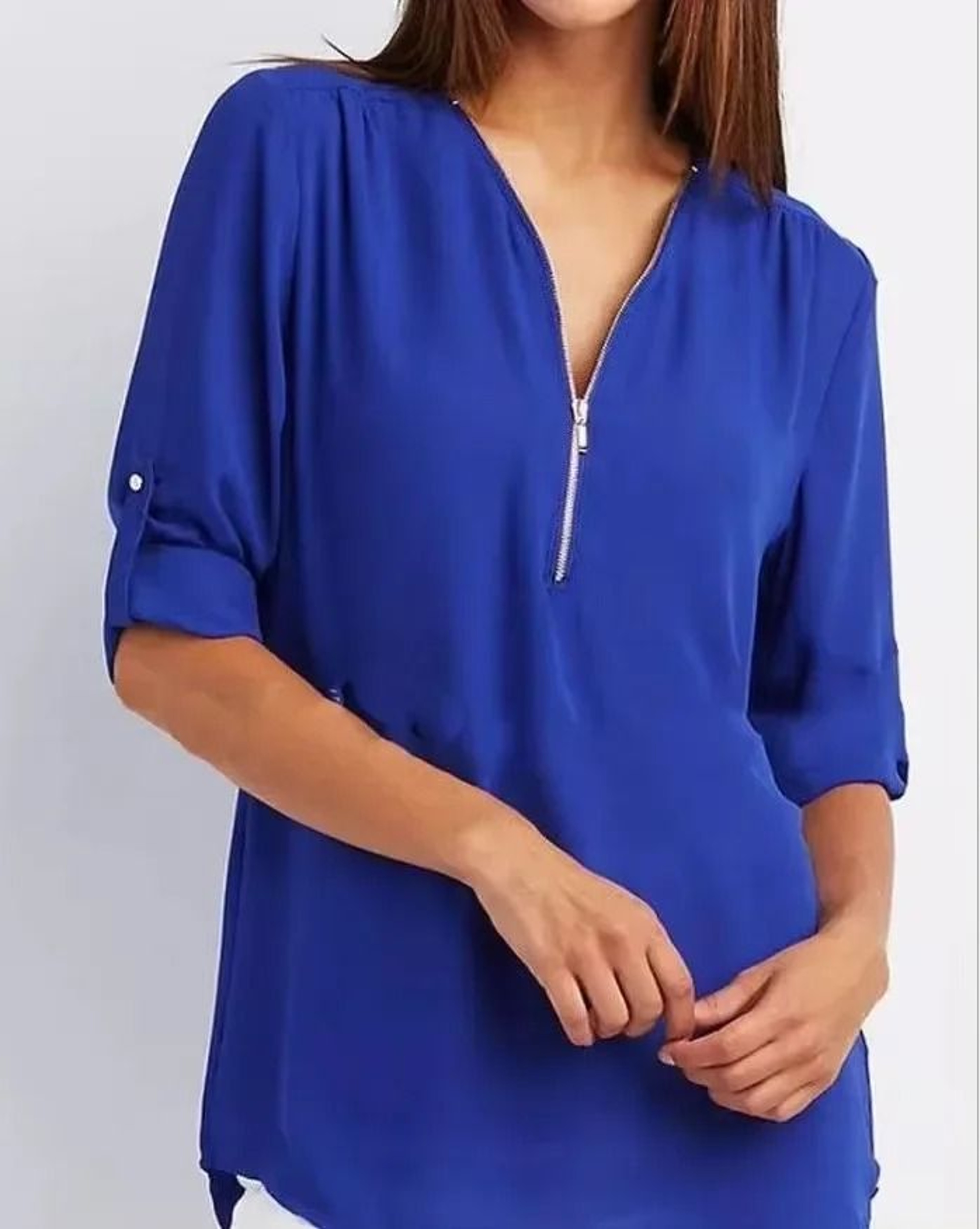 Womens Loose Deep V Neck Chiffon Zipper Pullover Plus Size Top 10