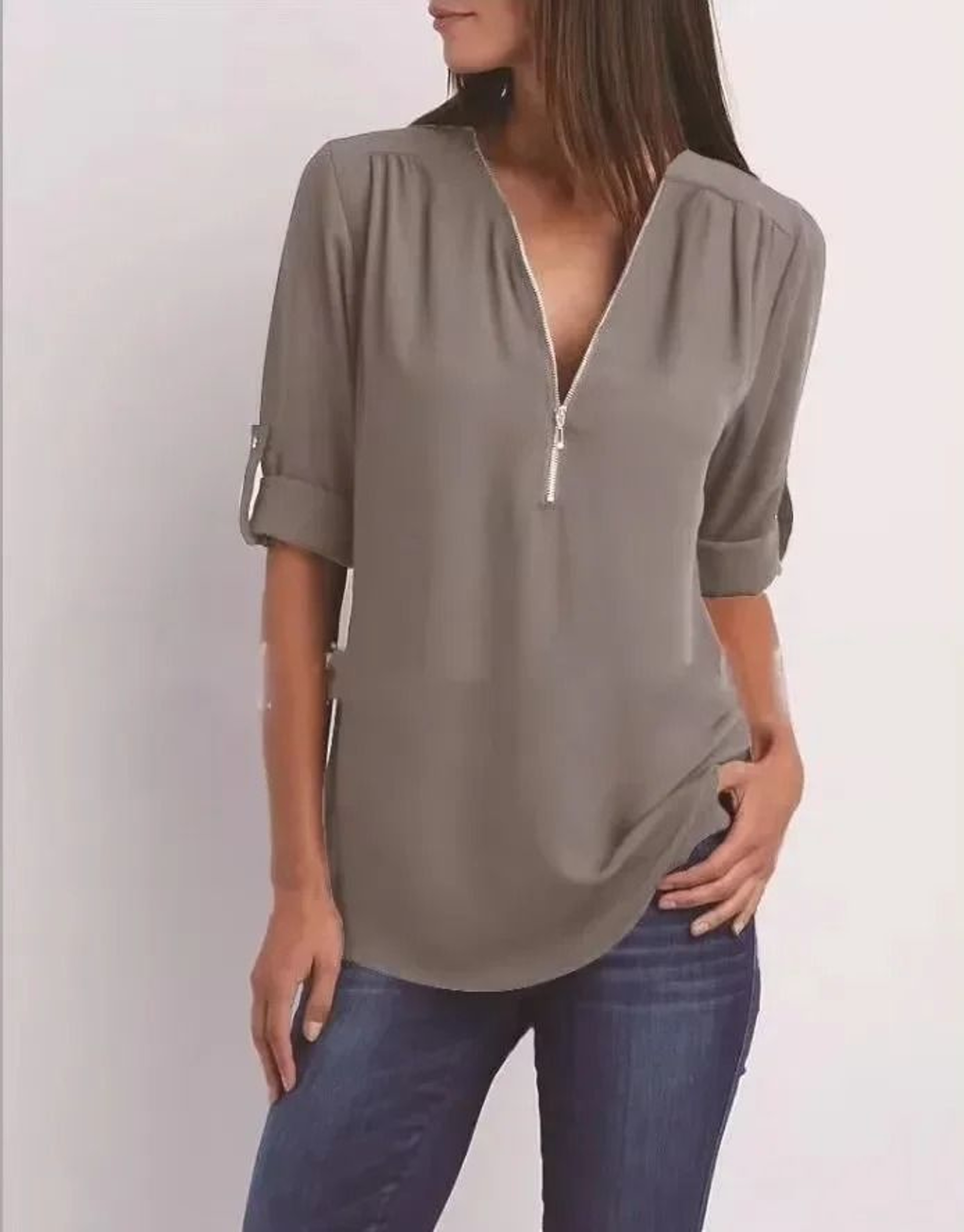 Womens Loose Deep V Neck Chiffon Zipper Pullover Plus Size Top 11
