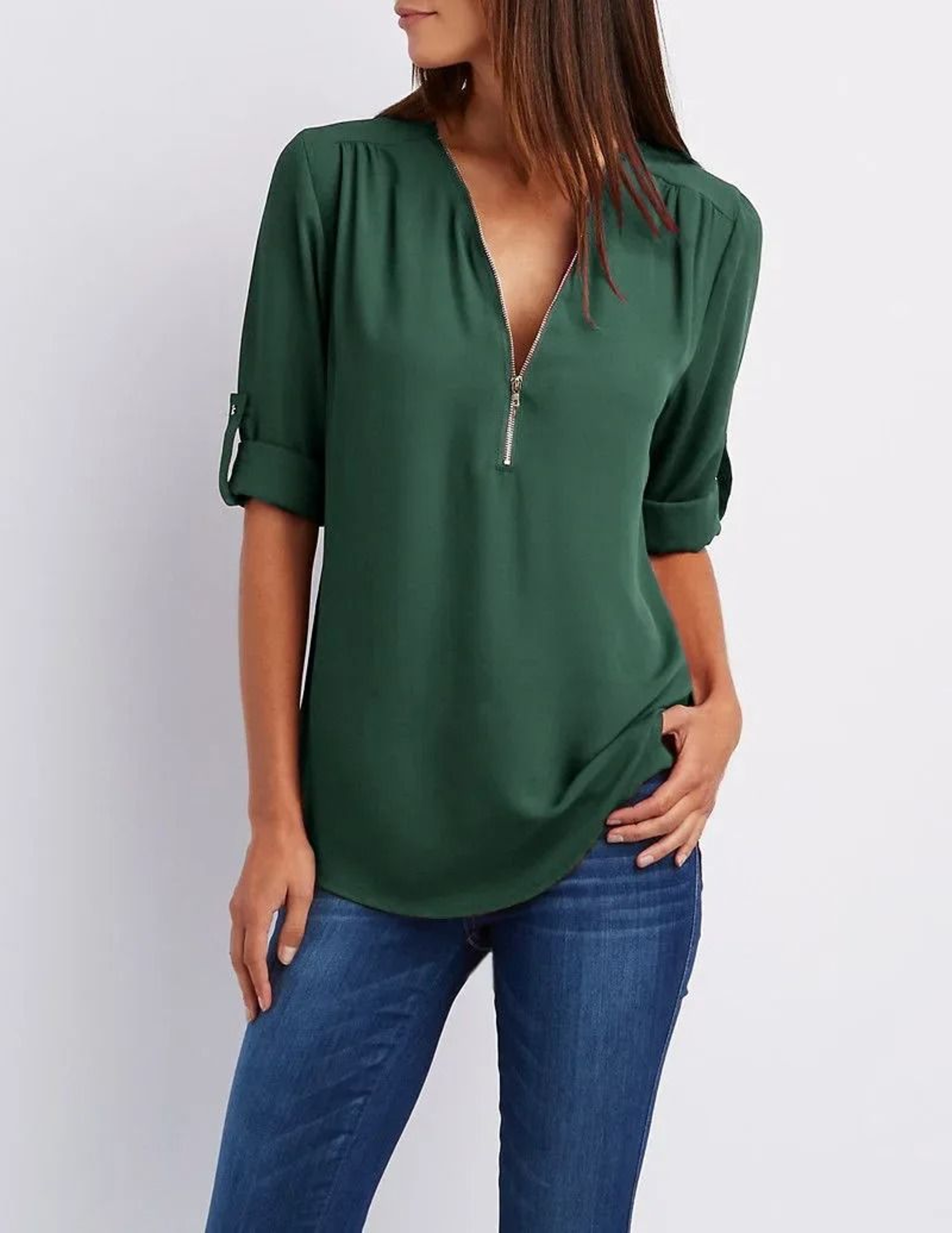 Womens Loose Deep V Neck Chiffon Zipper Pullover Plus Size Top 12
