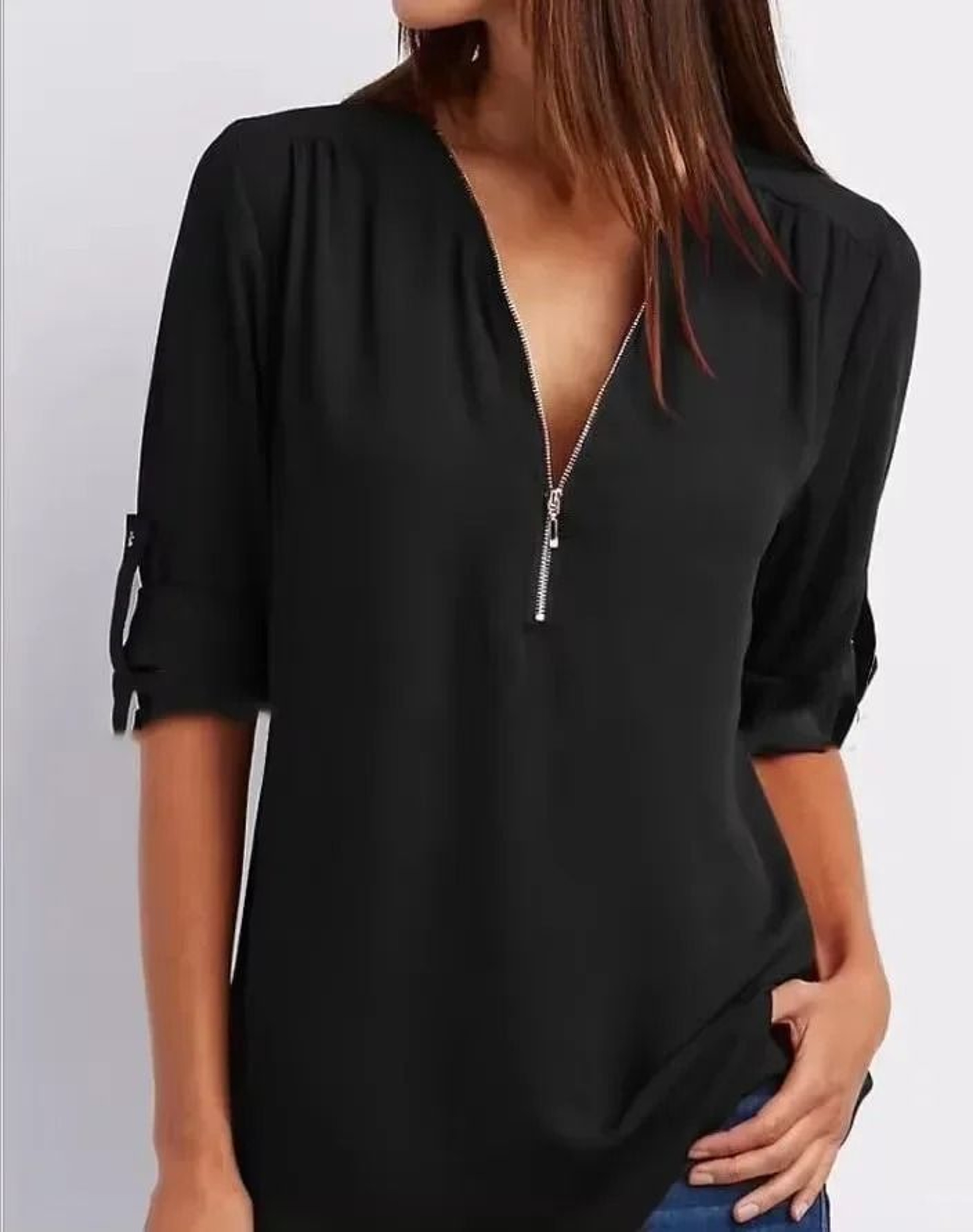 Womens Loose Deep V Neck Chiffon Zipper Pullover Plus Size Top 15