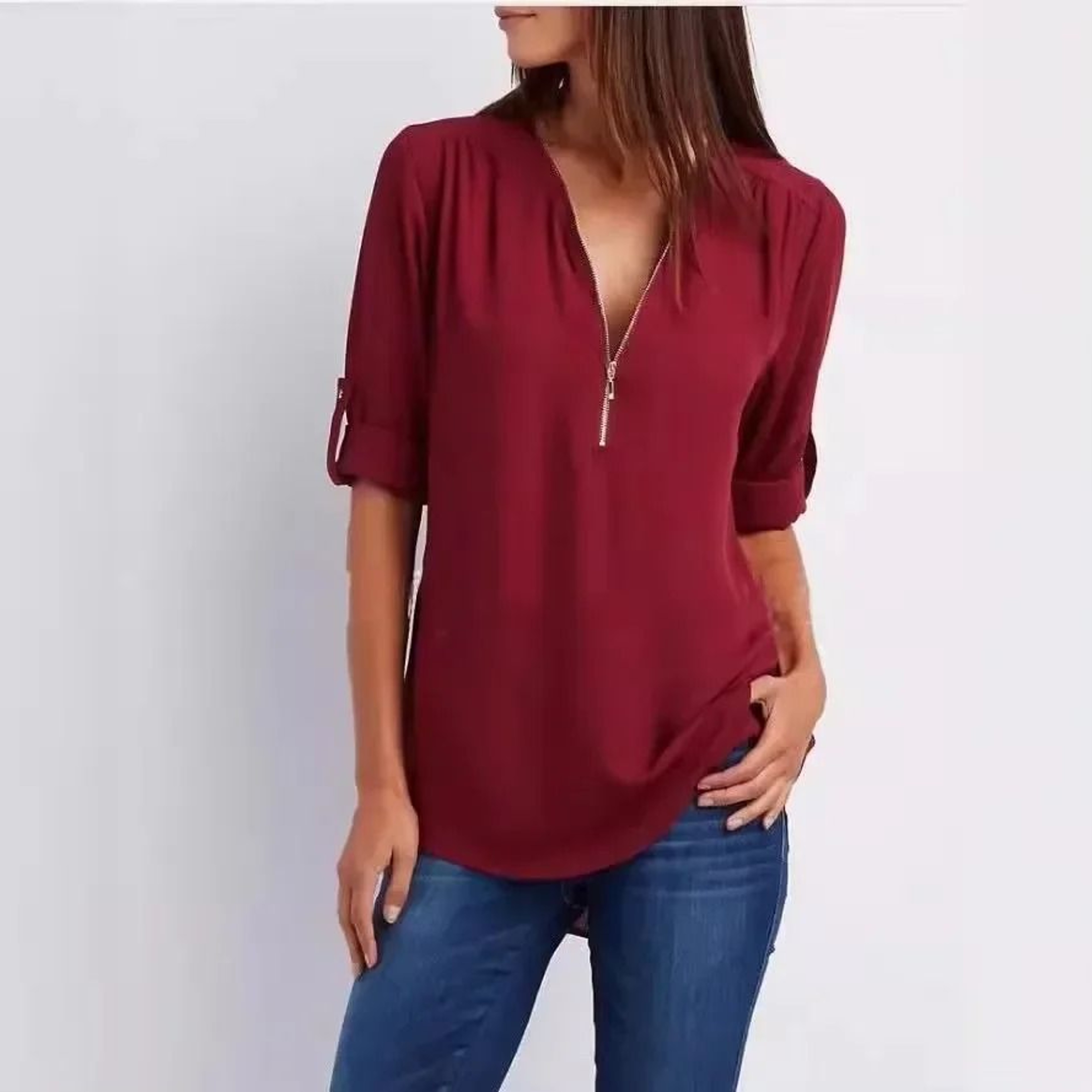 Womens Loose Deep V Neck Chiffon Zipper Pullover Plus Size Top 16